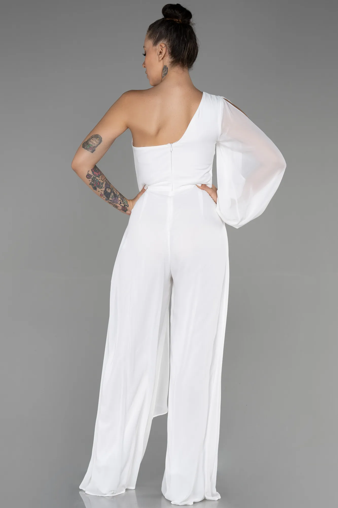 Ecru-Long Chiffon Invitation Dress ABT078