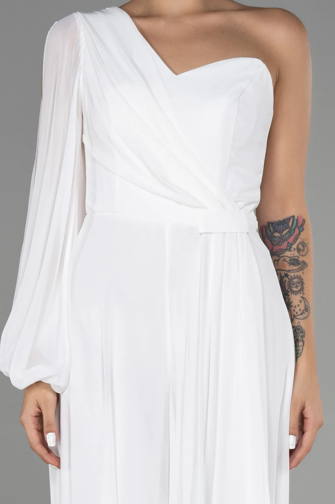 Ecru-Long Chiffon Invitation Dress ABT078