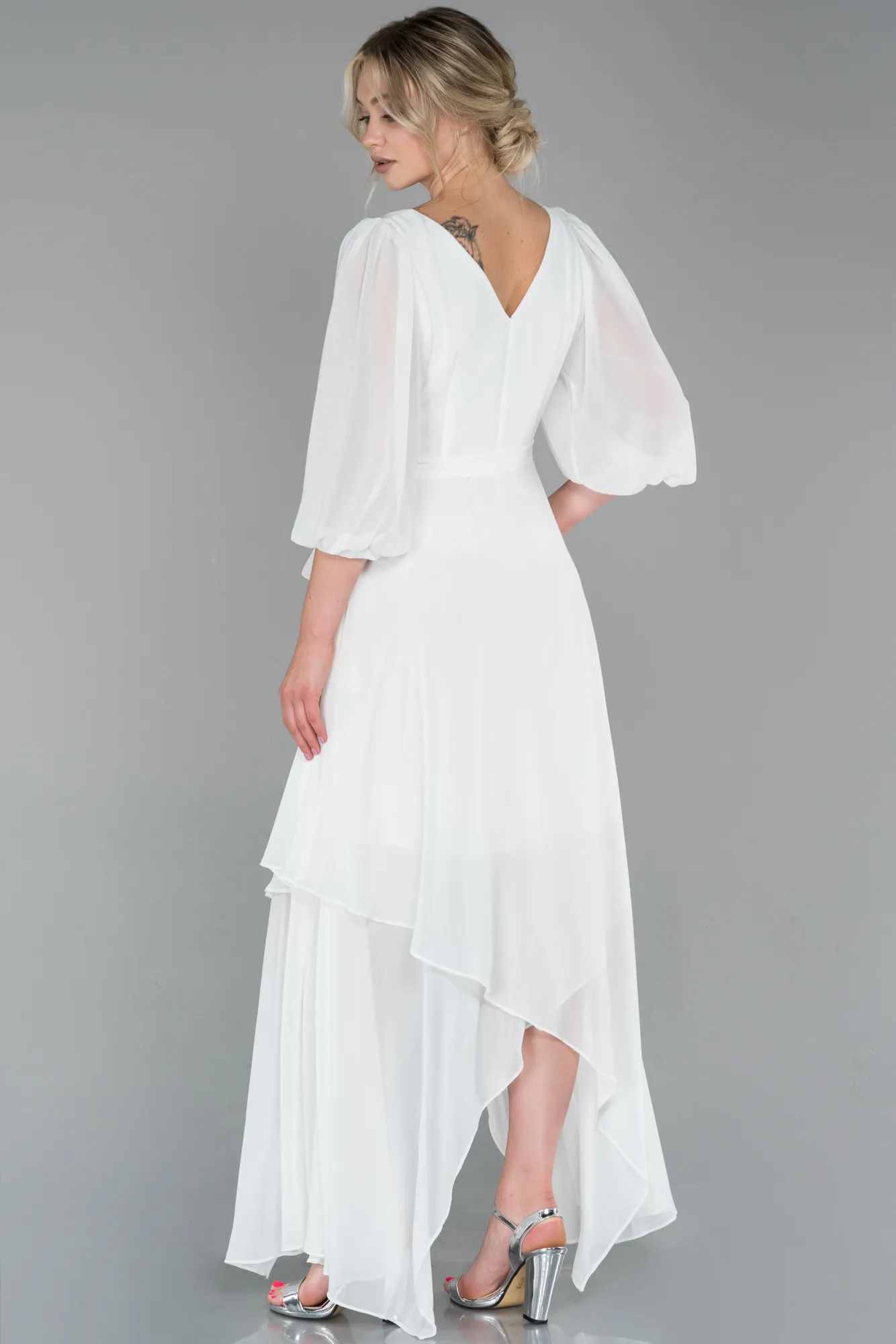 Ecru-Long Chiffon Invitation Dress ABU1729