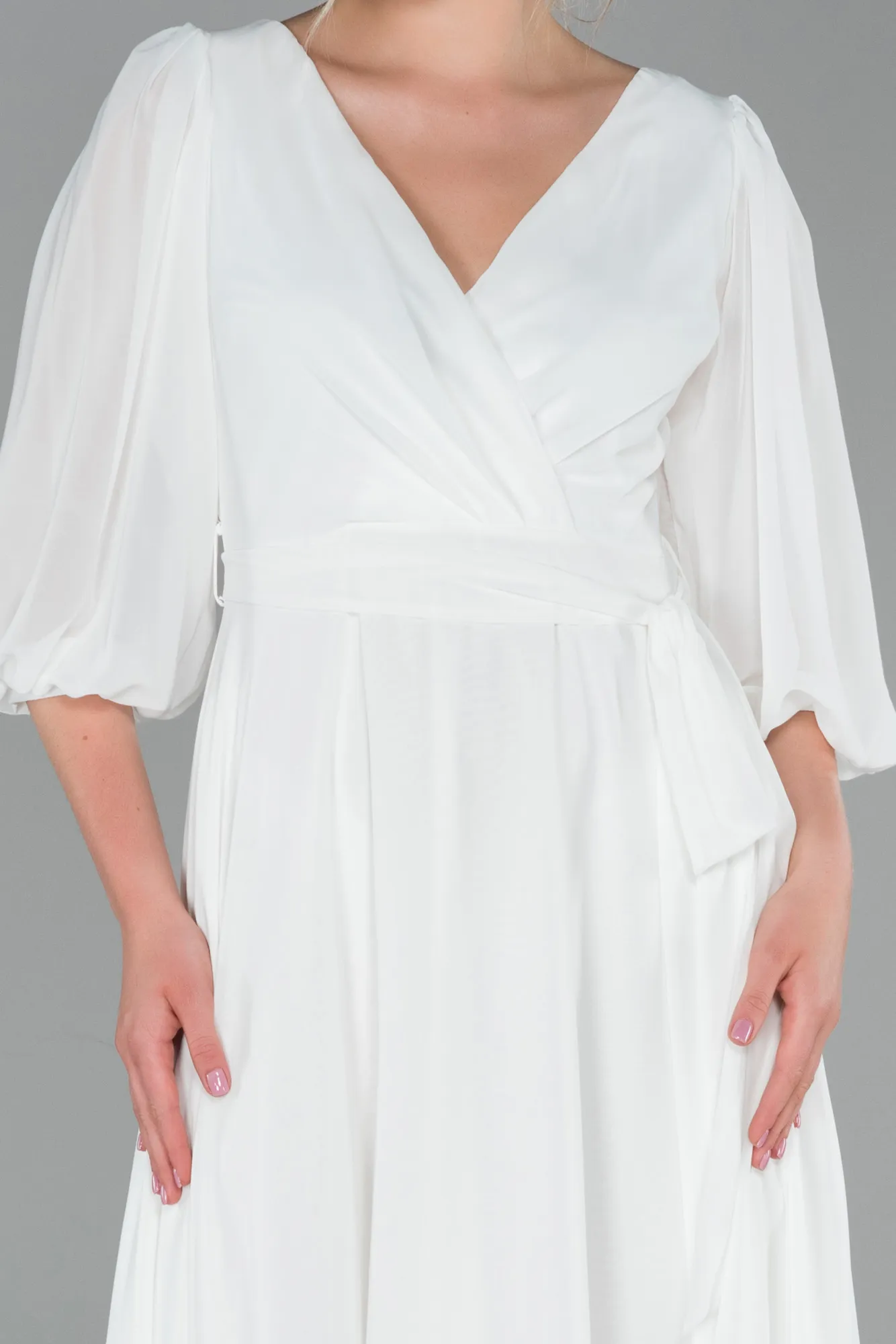 Ecru-Long Chiffon Invitation Dress ABU1729