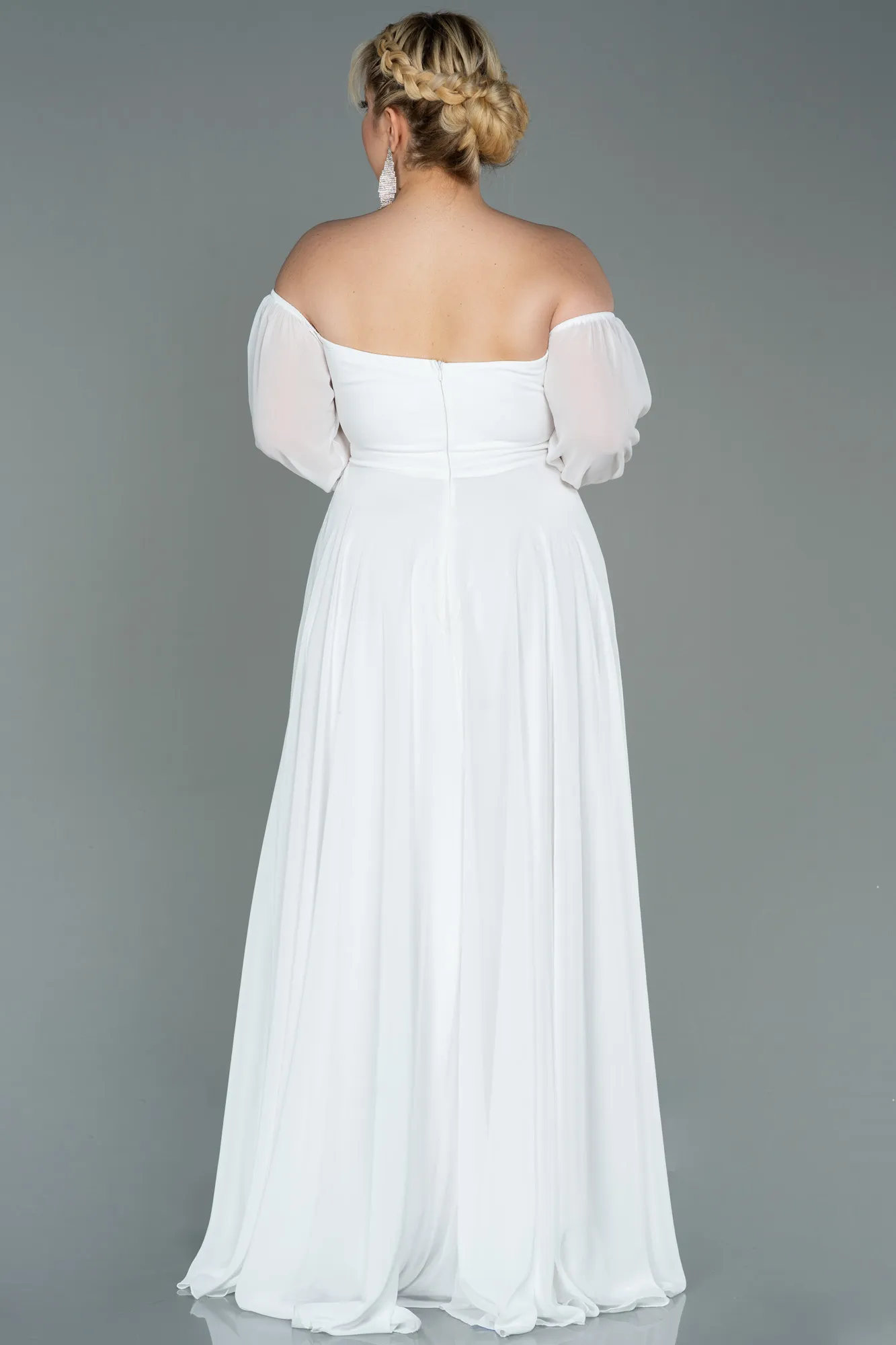 Ecru-Long Chiffon Oversized Evening Dress ABU2597