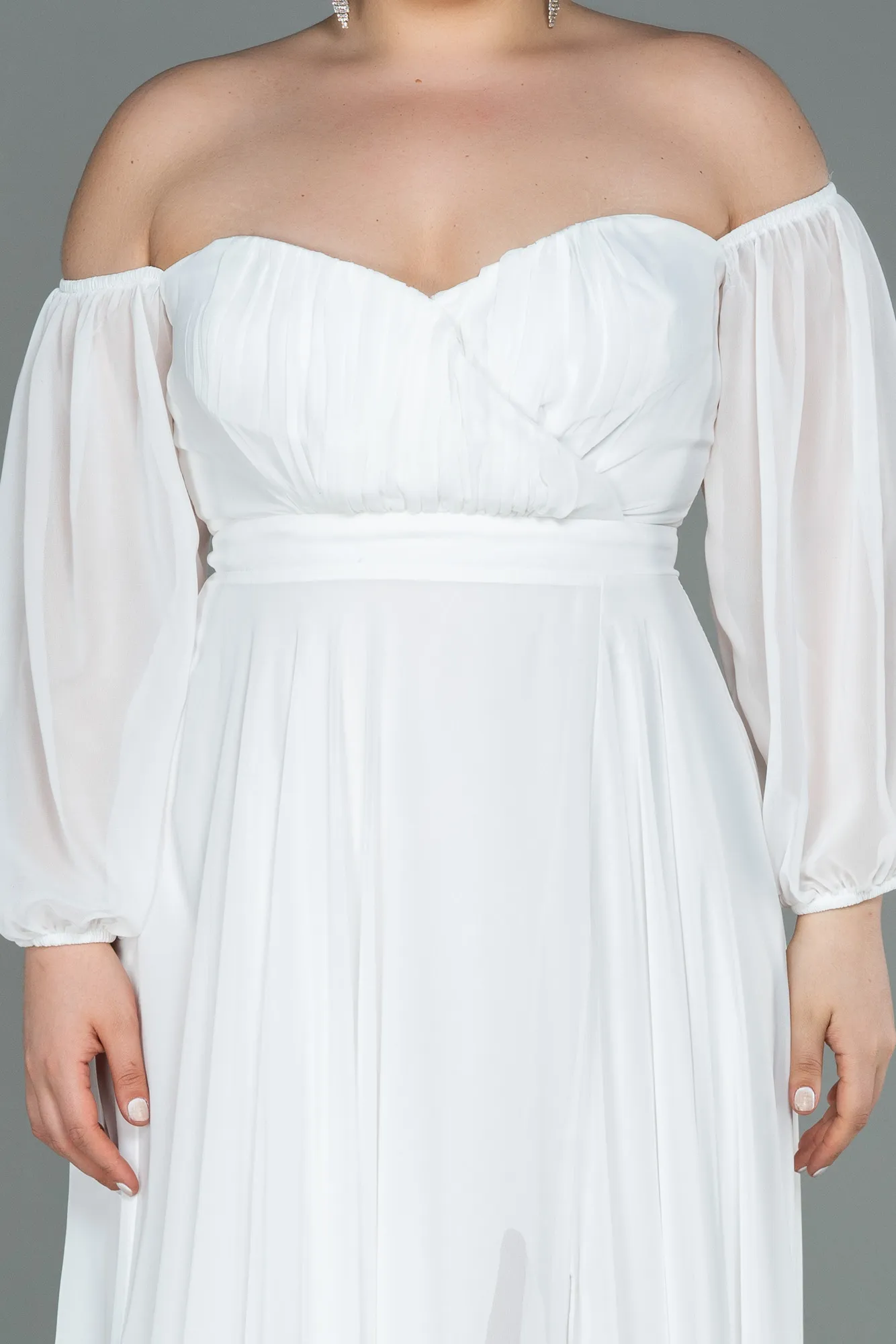 Ecru-Long Chiffon Oversized Evening Dress ABU2597