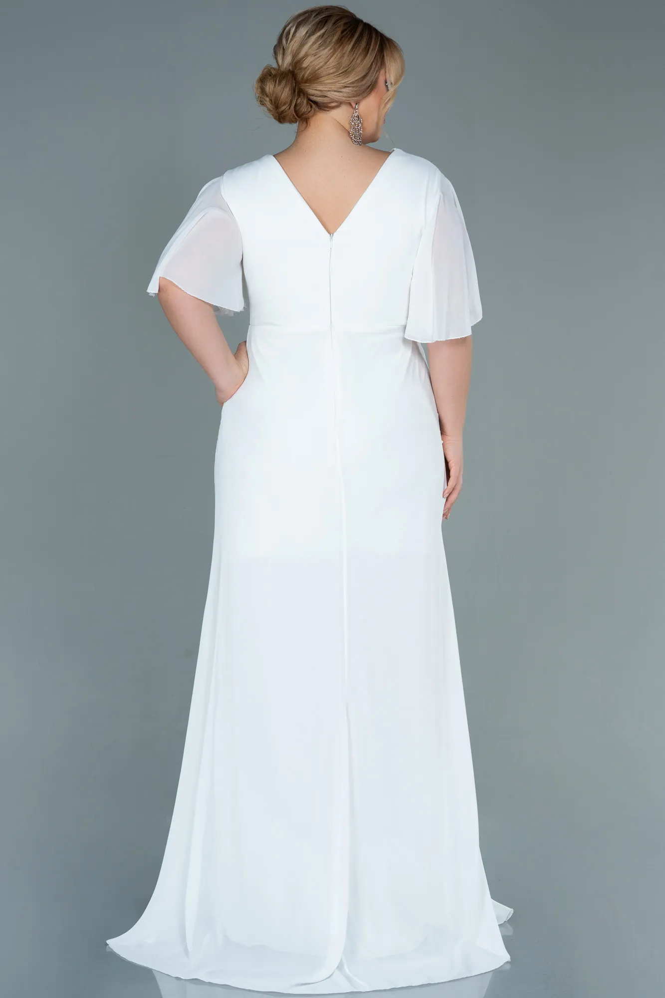 Ecru-Long Chiffon Oversized Evening Dress ABU2748