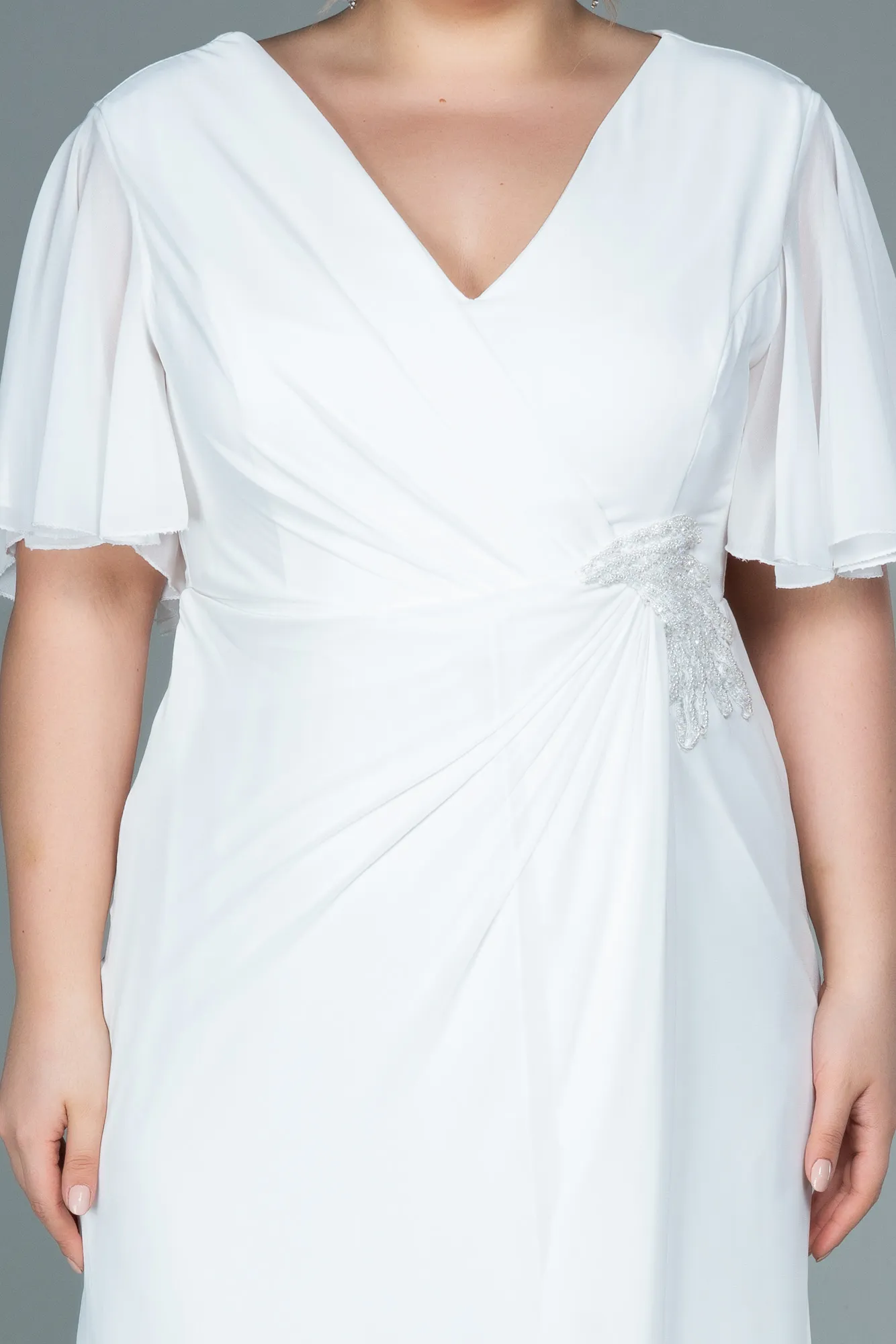 Ecru-Long Chiffon Oversized Evening Dress ABU2748