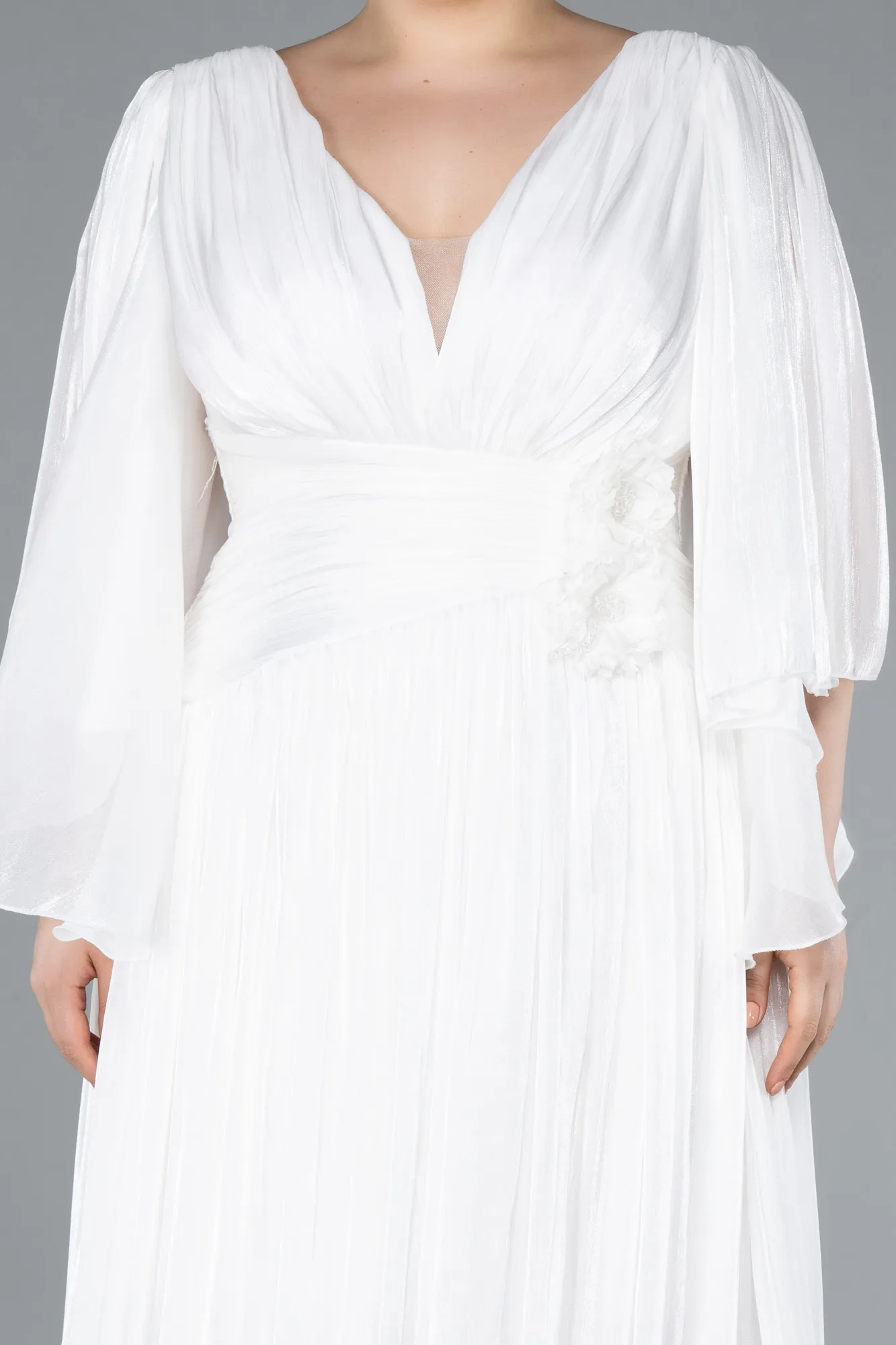 Ecru-Long Chiffon Oversized Evening Dress ABU4894