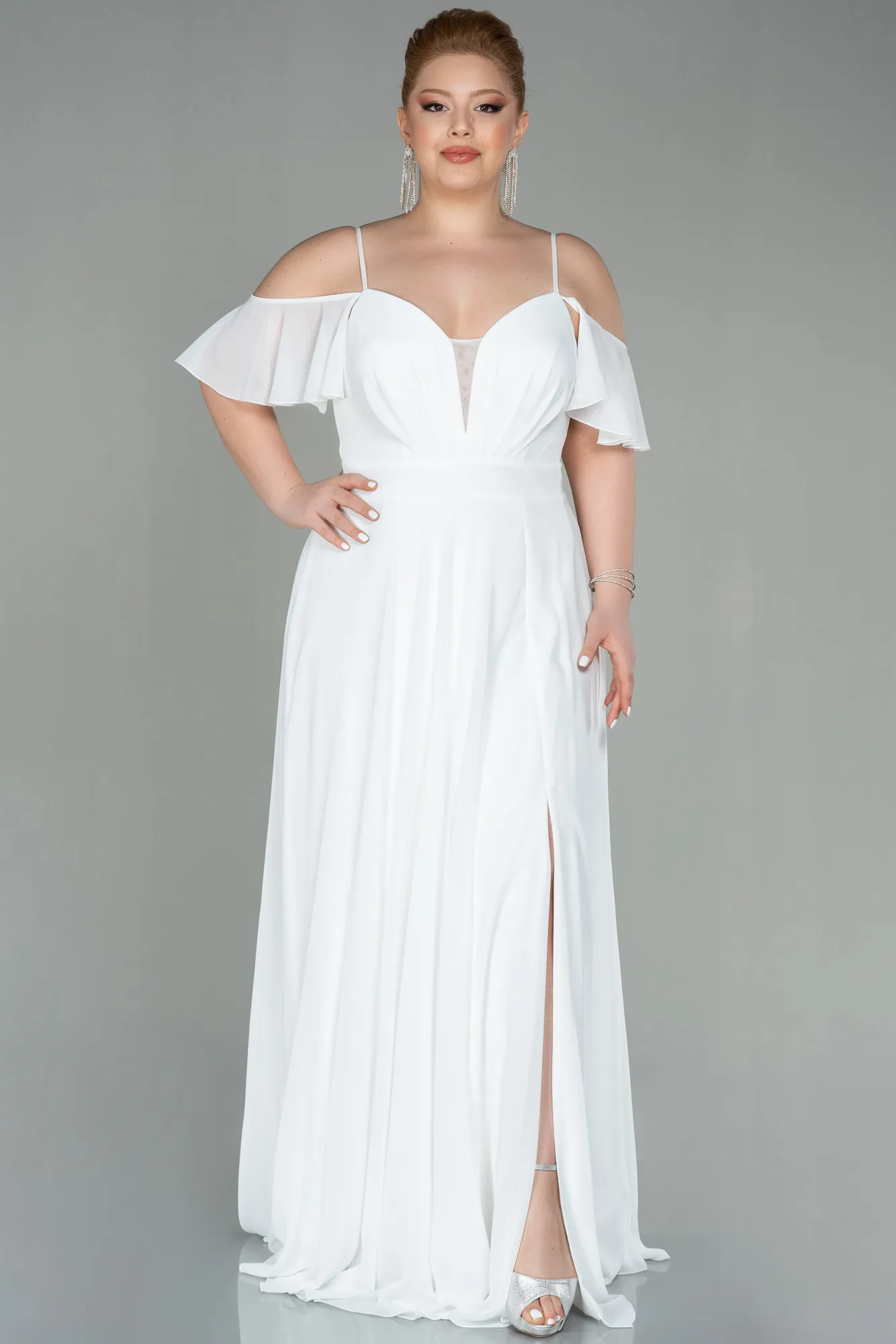 Ecru-Long Chiffon Plus Size Evening Dress ABU2875