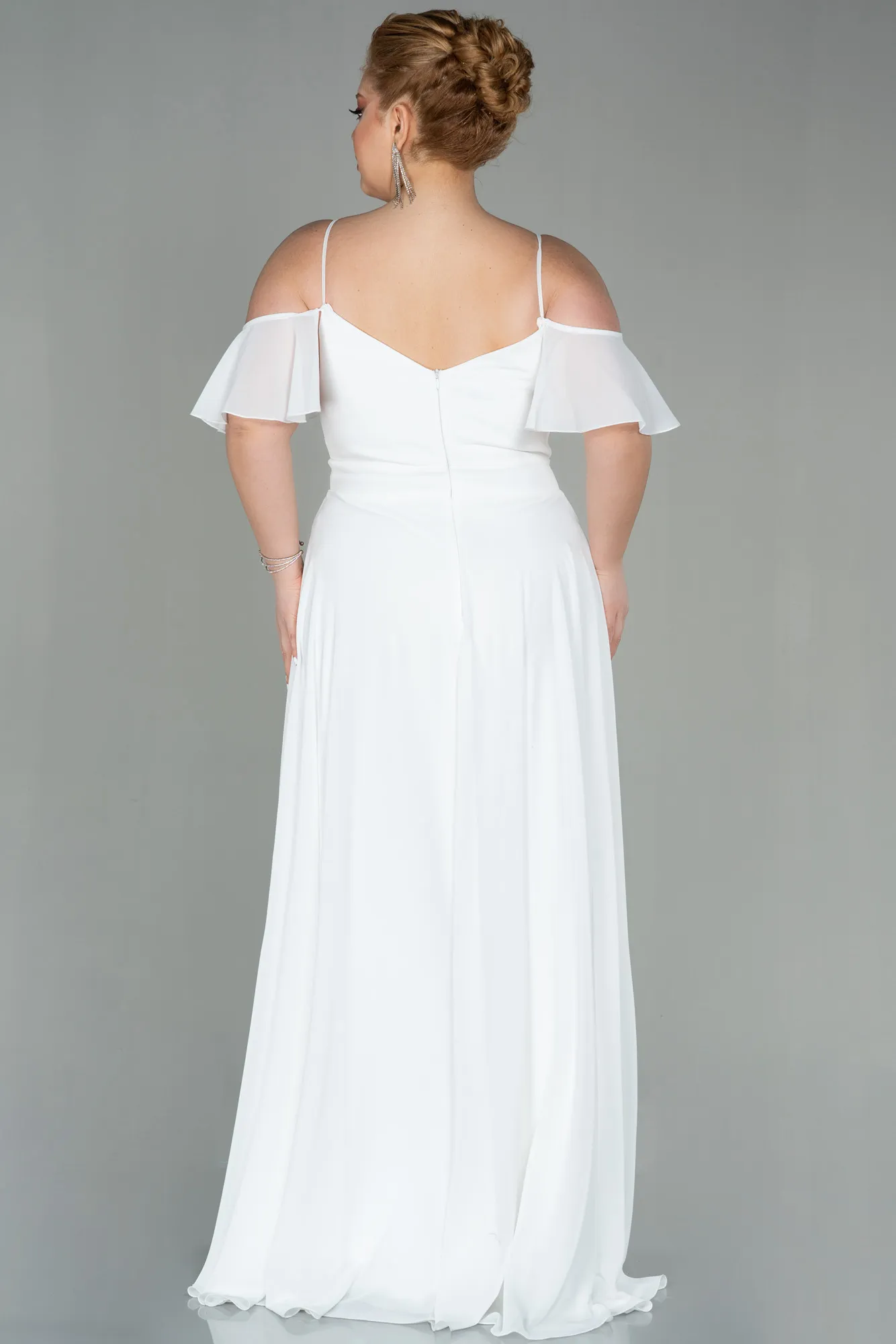 Ecru-Long Chiffon Plus Size Evening Dress ABU2875