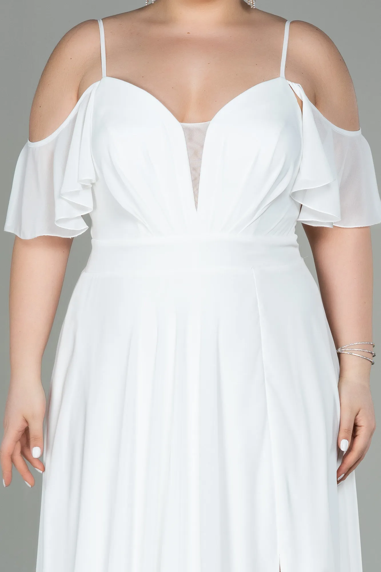 Ecru-Long Chiffon Plus Size Evening Dress ABU2875