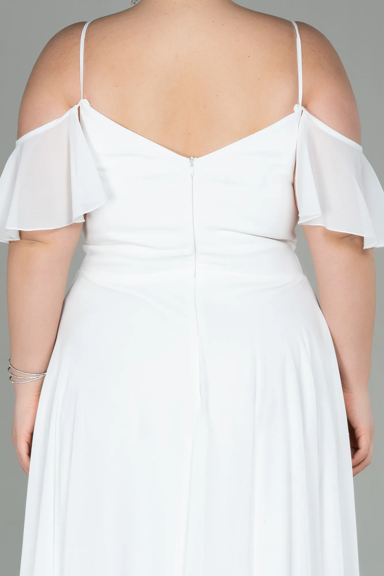 Ecru-Long Chiffon Plus Size Evening Dress ABU2875