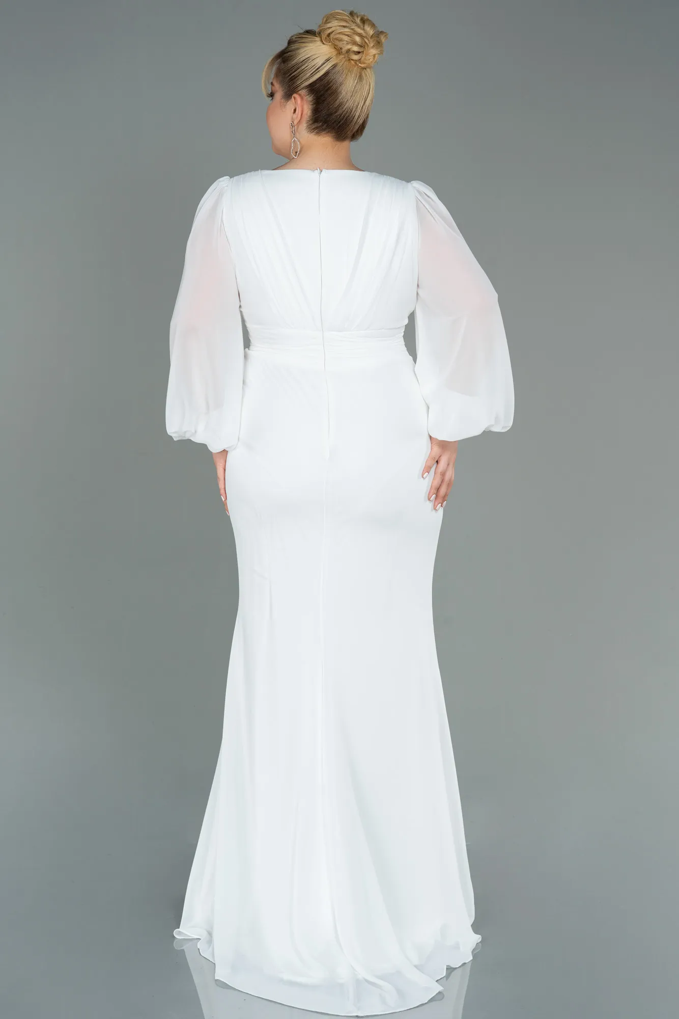 Ecru-Long Chiffon Plus Size Evening Dress ABU3096