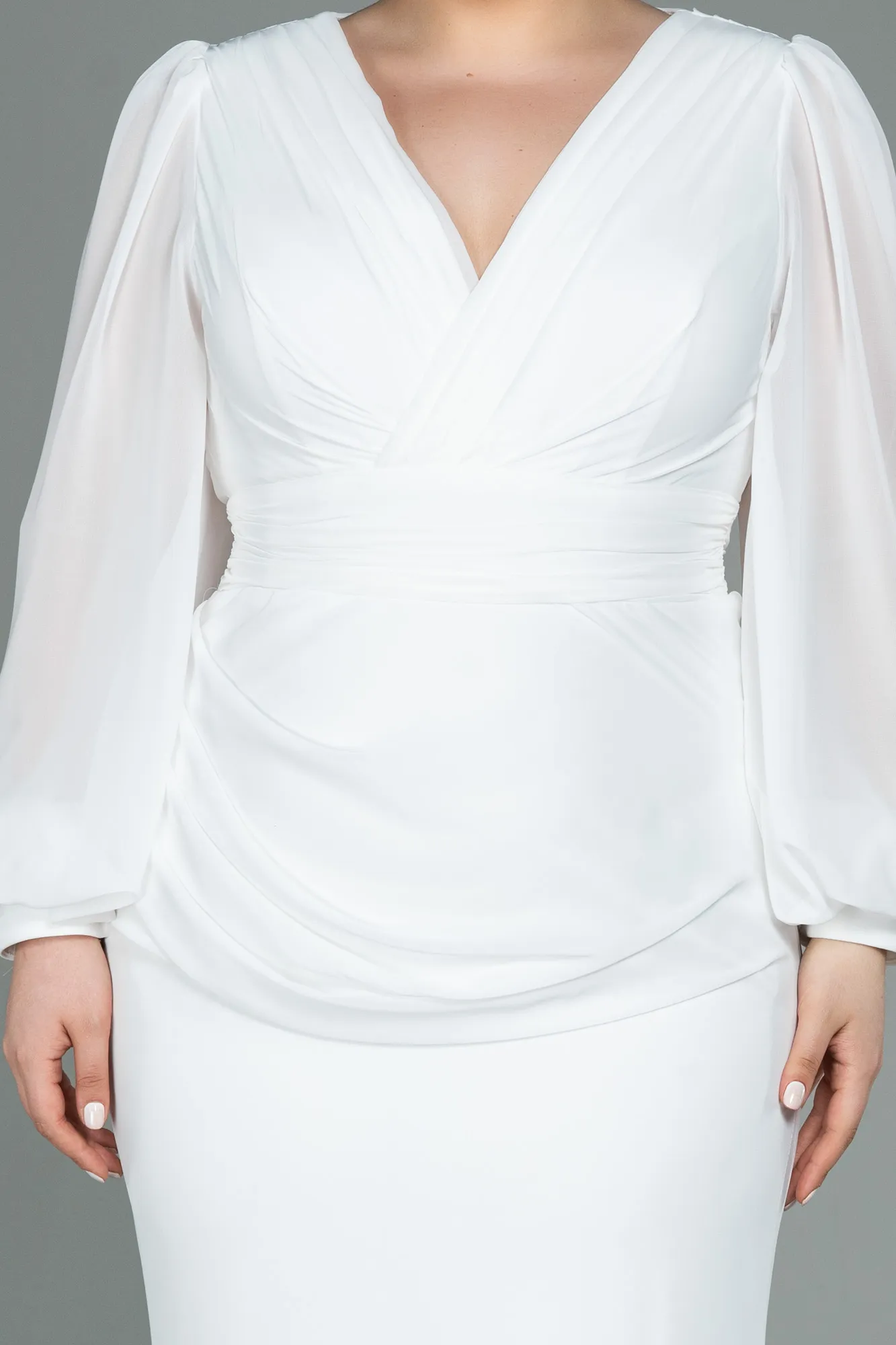 Ecru-Long Chiffon Plus Size Evening Dress ABU3096