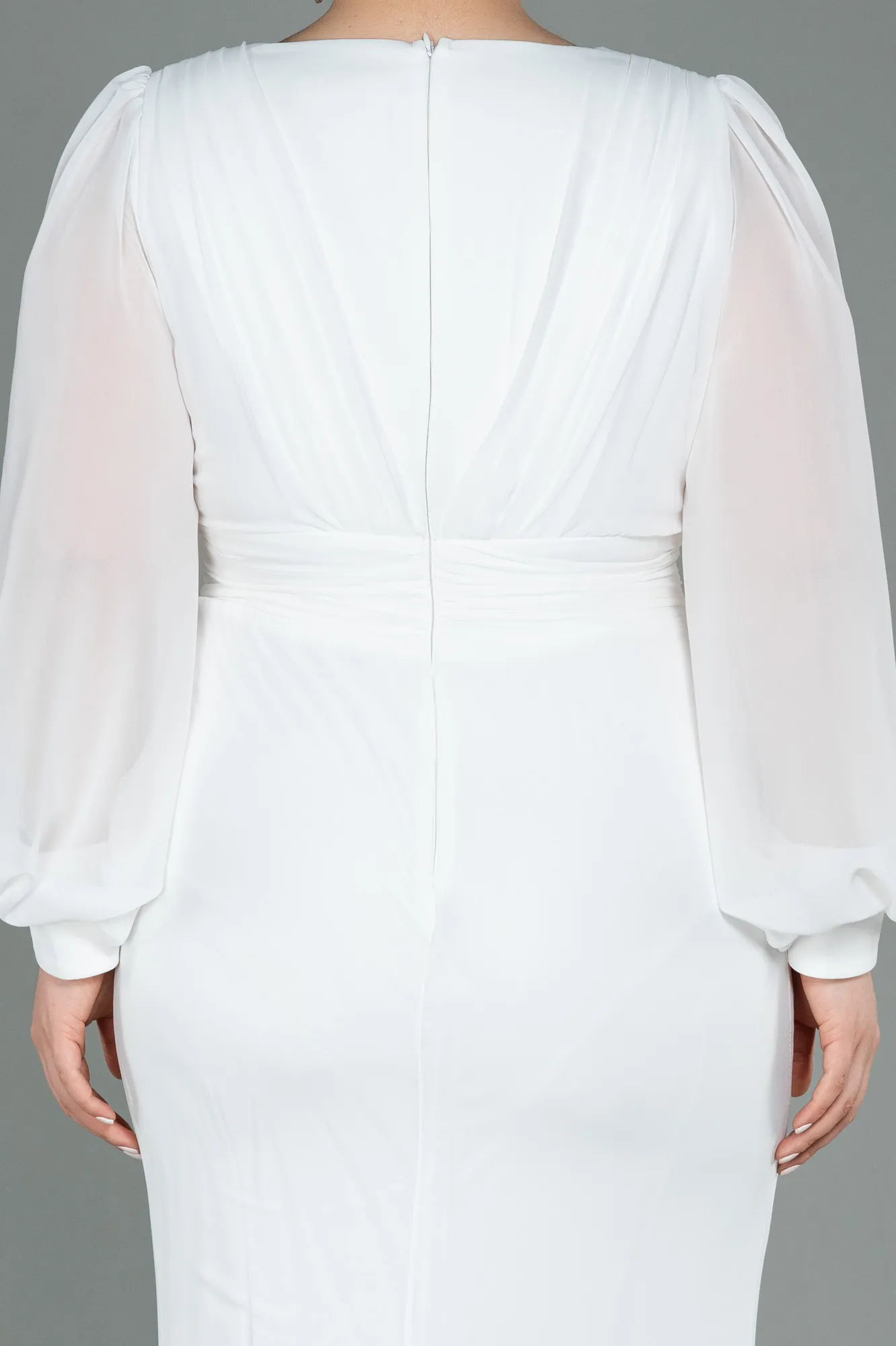 Ecru-Long Chiffon Plus Size Evening Dress ABU3096