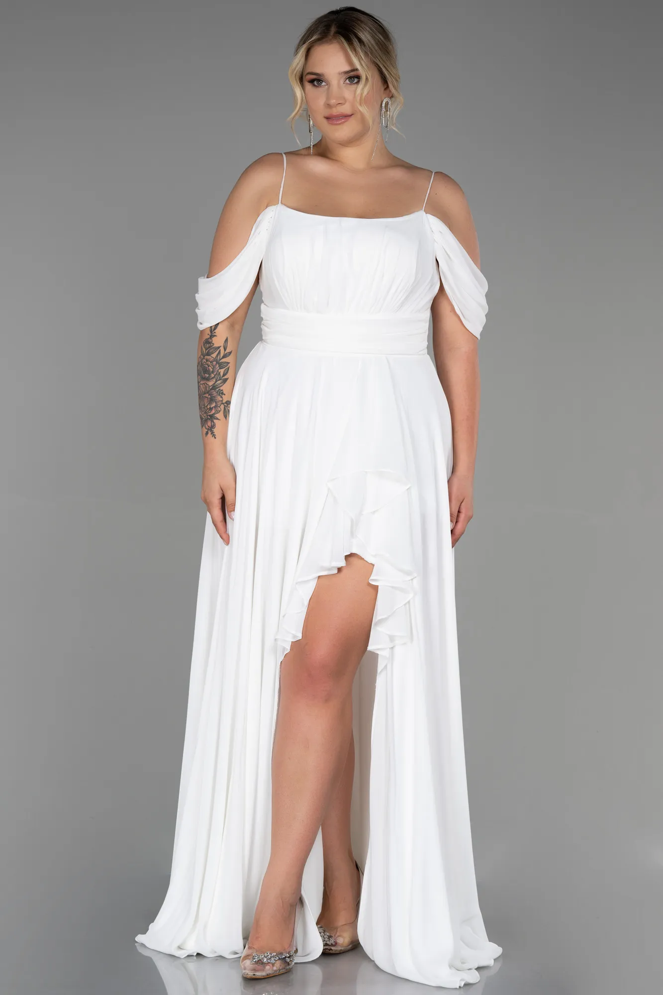 Ecru-Long Chiffon Plus Size Evening Dress ABU3168