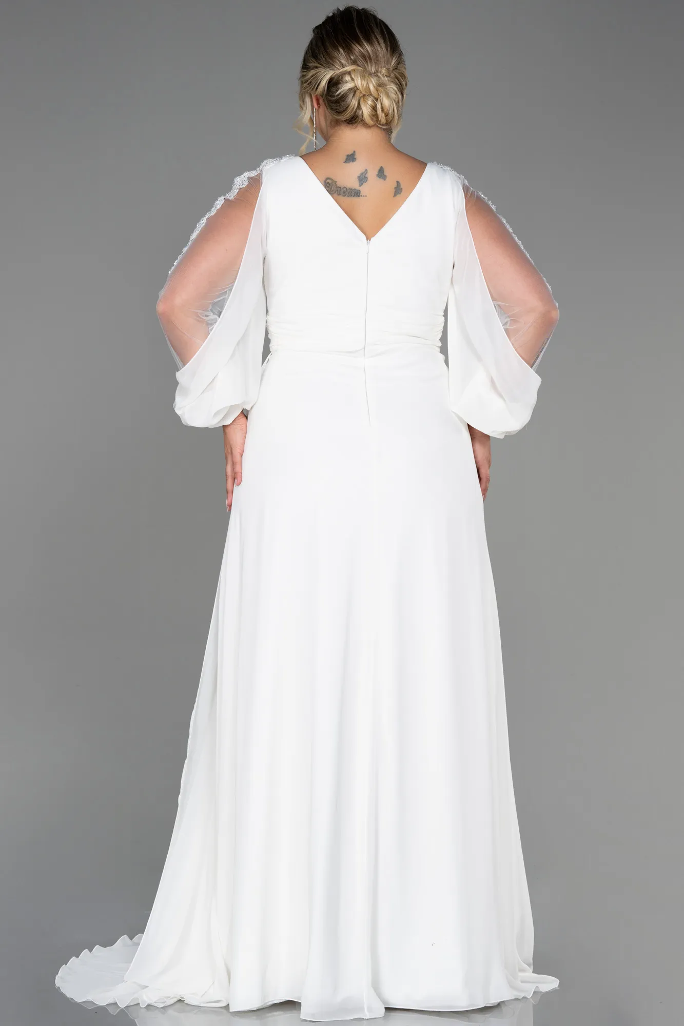 Ecru-Long Chiffon Plus Size Evening Dress ABU3221