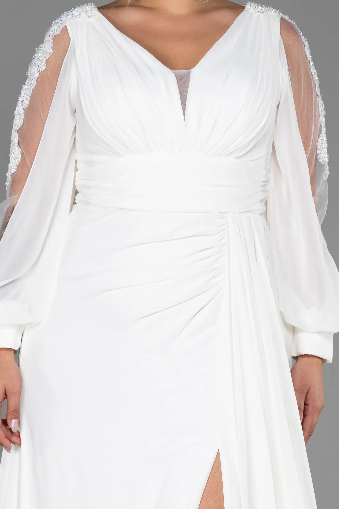 Ecru-Long Chiffon Plus Size Evening Dress ABU3221