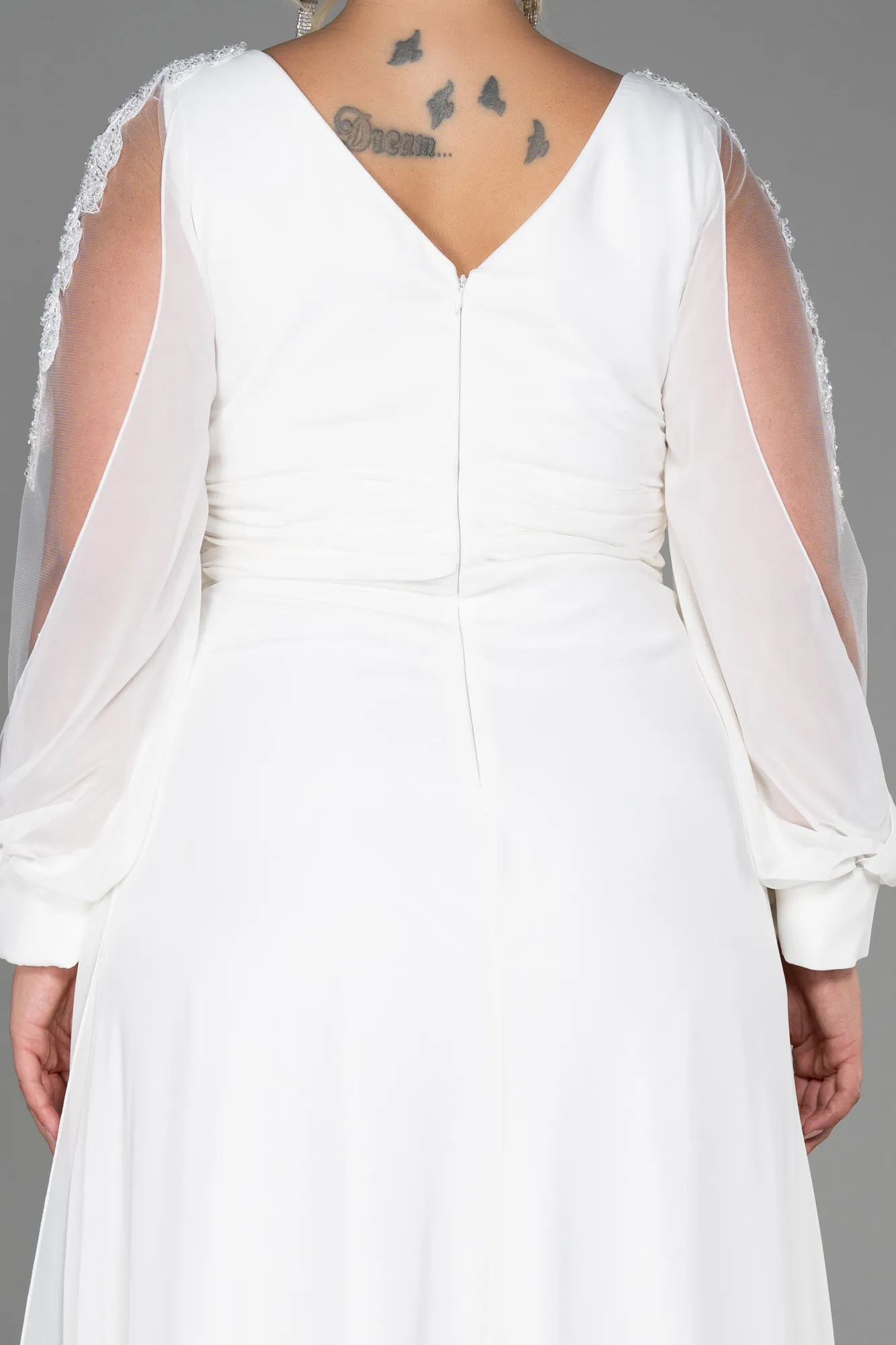 Ecru-Long Chiffon Plus Size Evening Dress ABU3221