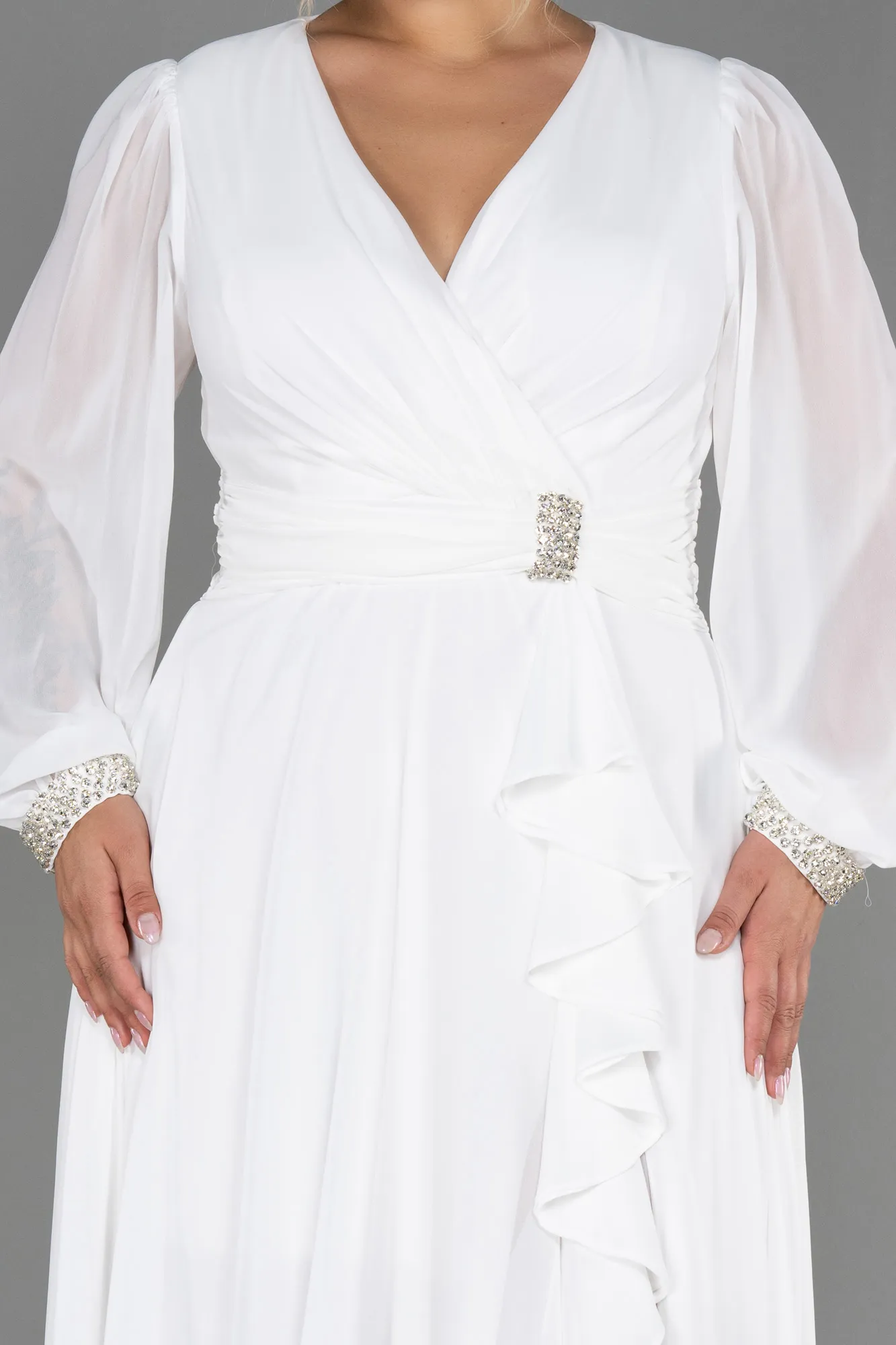 Ecru-Long Chiffon Plus Size Evening Dress ABU3222