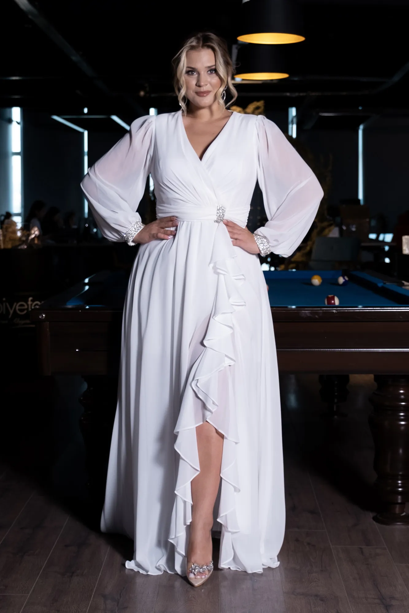 Ecru-Long Chiffon Plus Size Evening Dress ABU3222