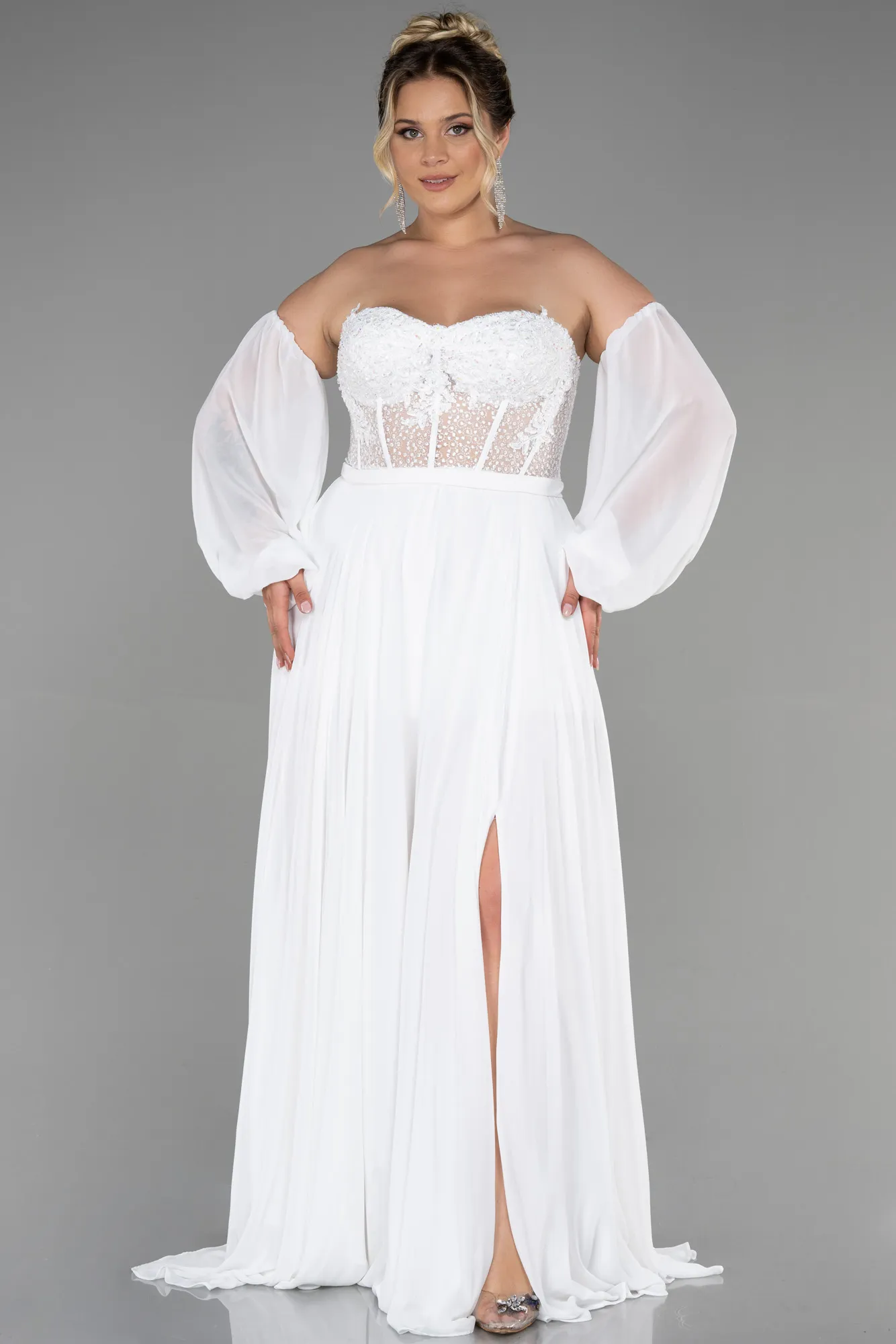 Ecru-Long Chiffon Plus Size Evening Dress ABU3451