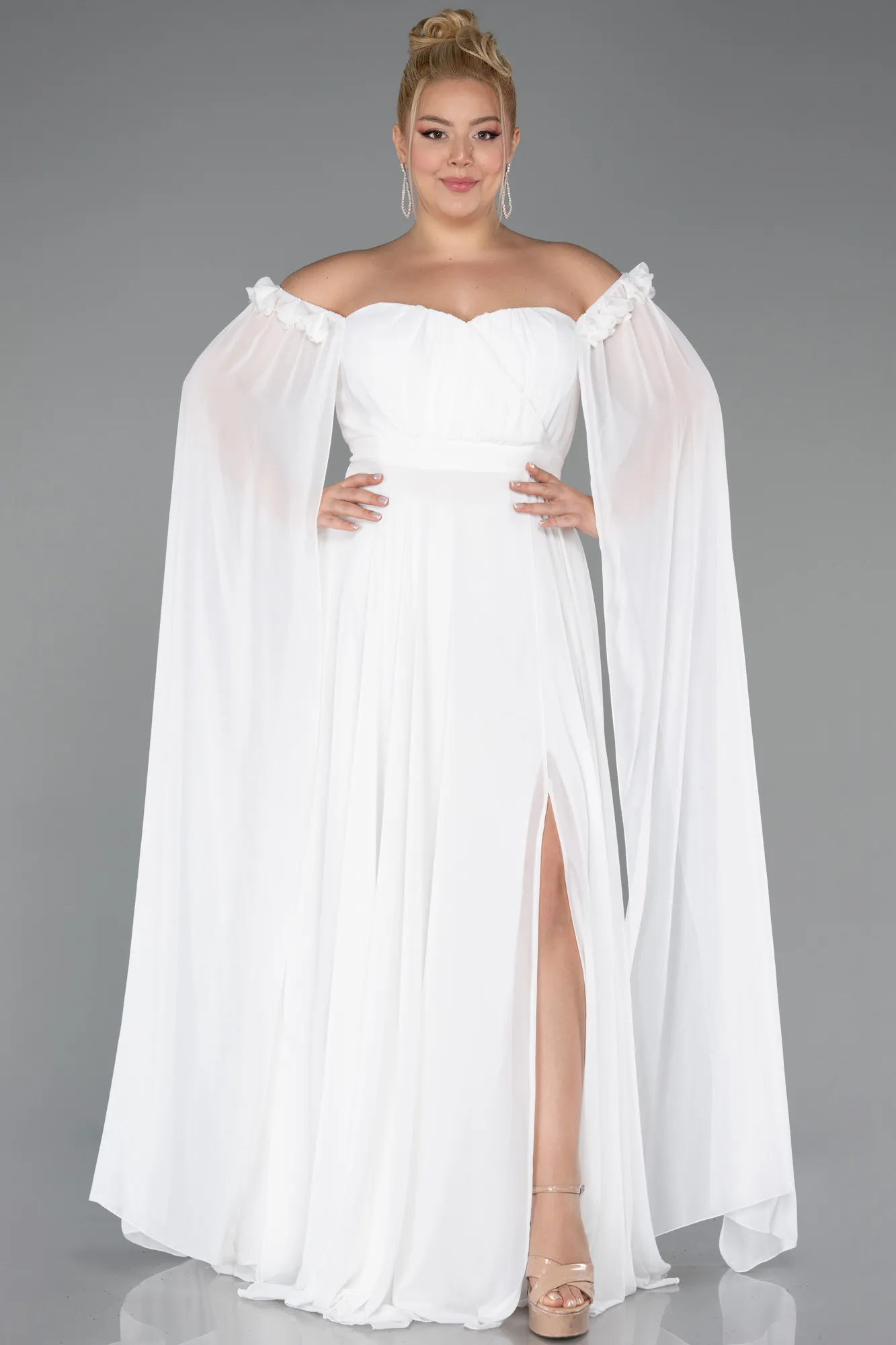 Ecru-Long Chiffon Plus Size Evening Dress ABU3464