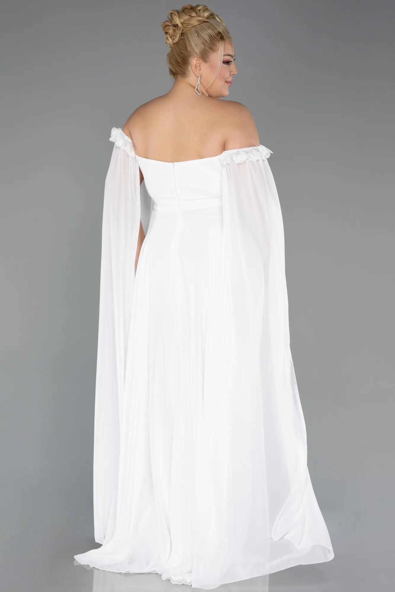 Ecru-Long Chiffon Plus Size Evening Dress ABU3464