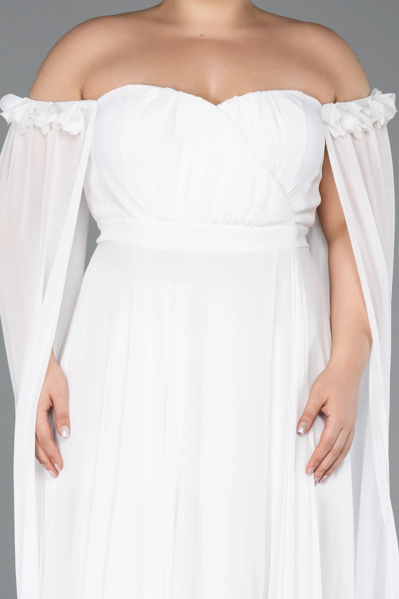 Ecru-Long Chiffon Plus Size Evening Dress ABU3464