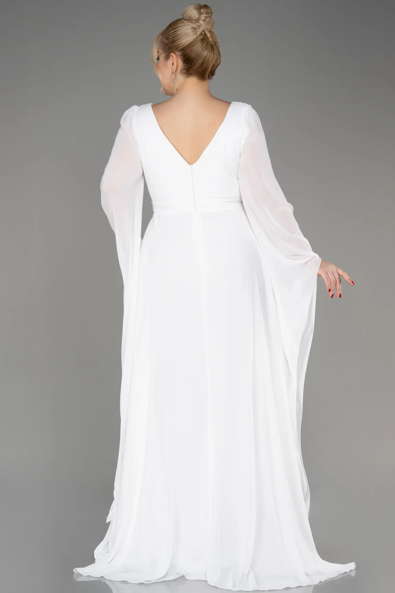 Ecru-Long Chiffon Plus Size Evening Dress ABU3543