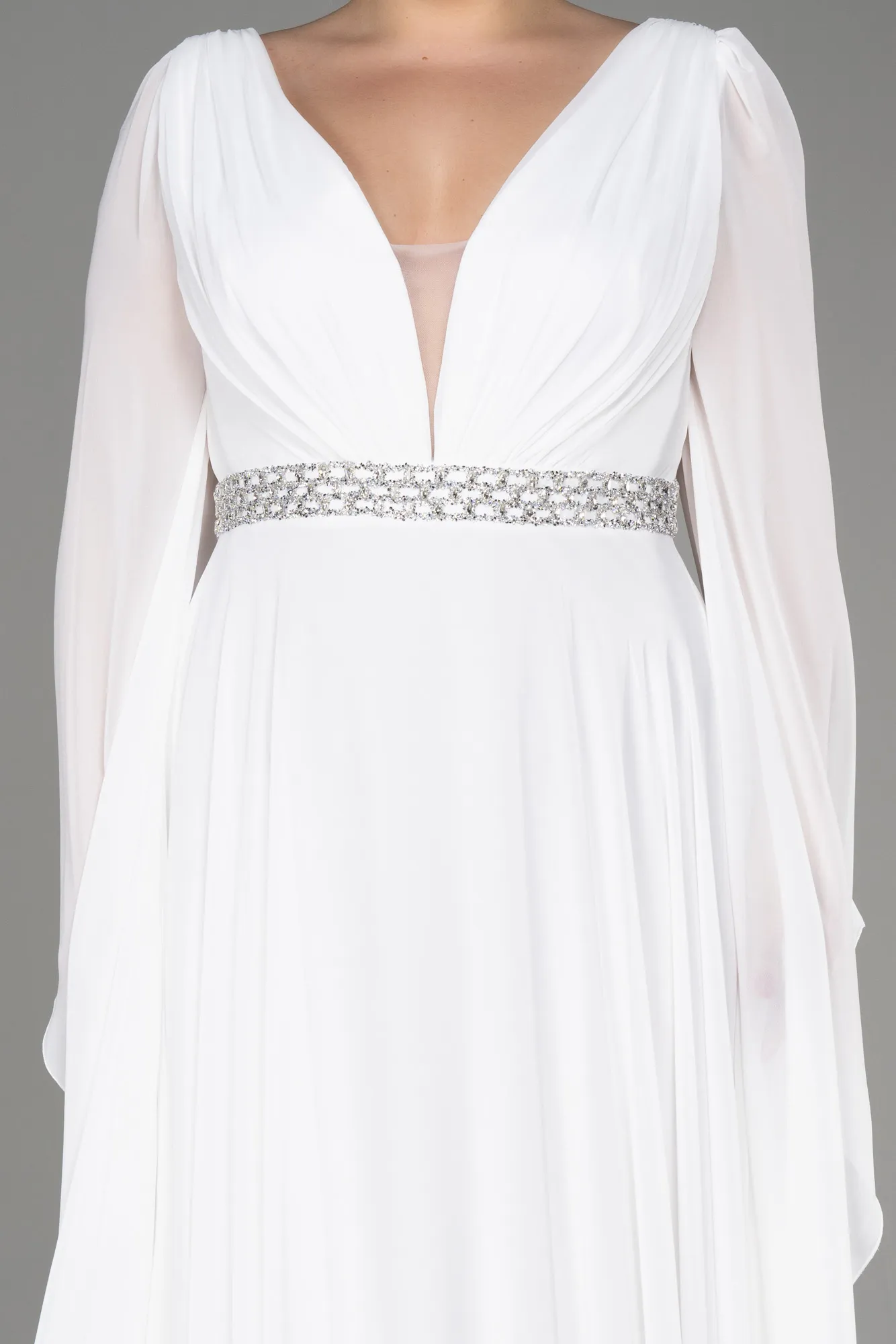 Ecru-Long Chiffon Plus Size Evening Dress ABU3543