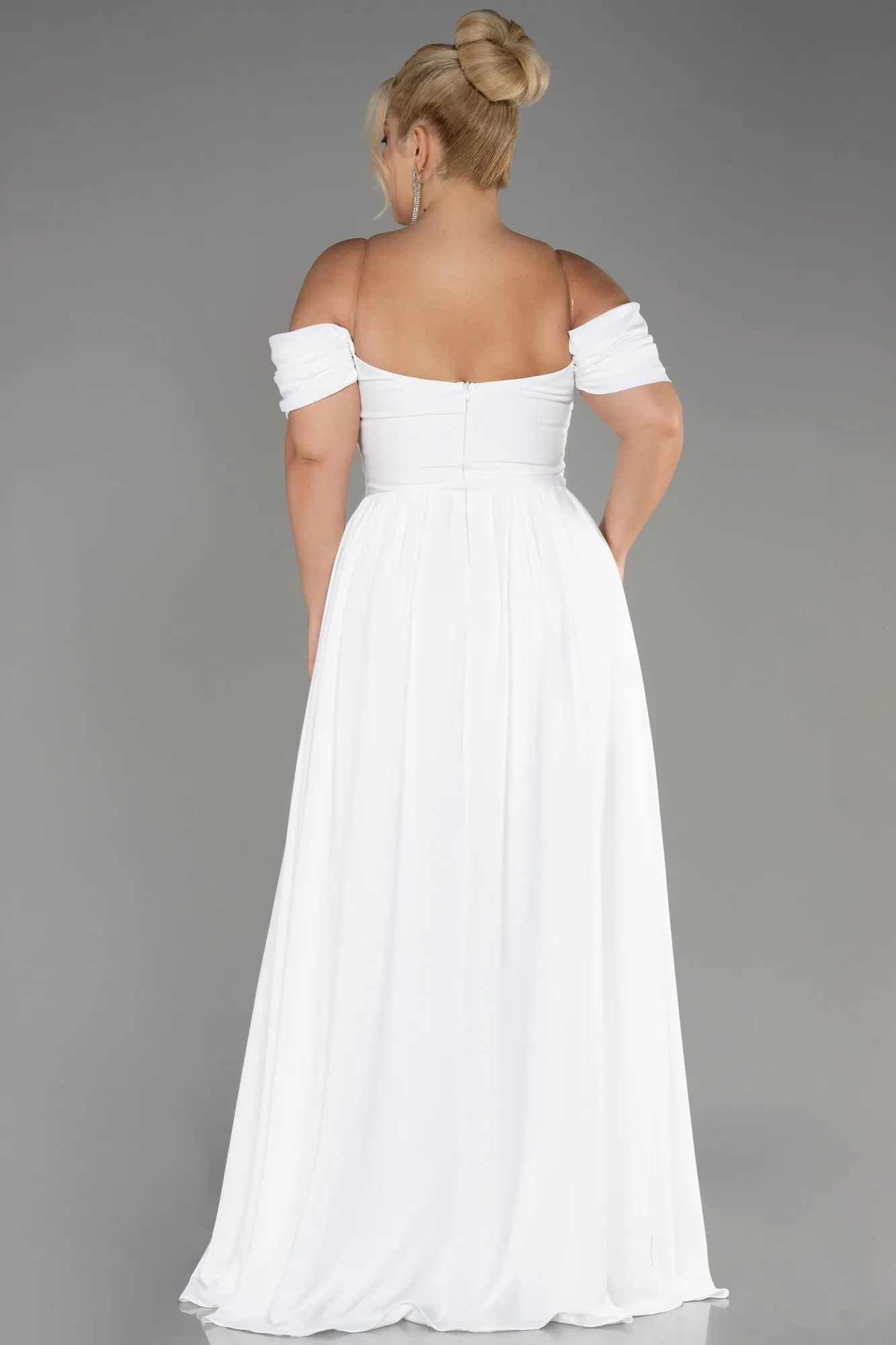 Ecru-Boat Neck Long Chiffon Plus Size Prom Dress ABU3738