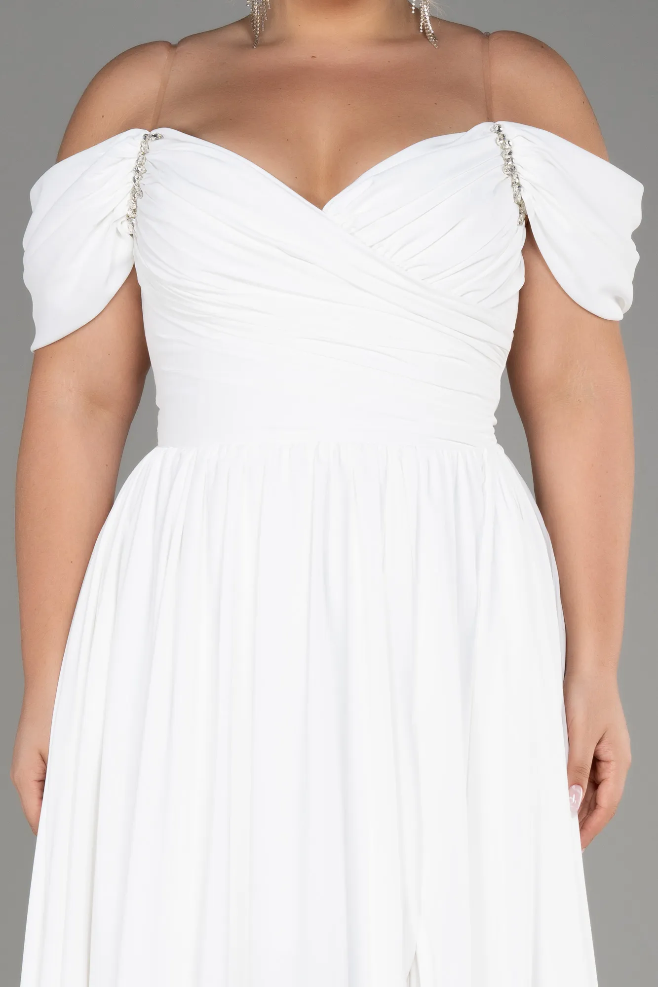 Ecru-Boat Neck Long Chiffon Plus Size Prom Dress ABU3738