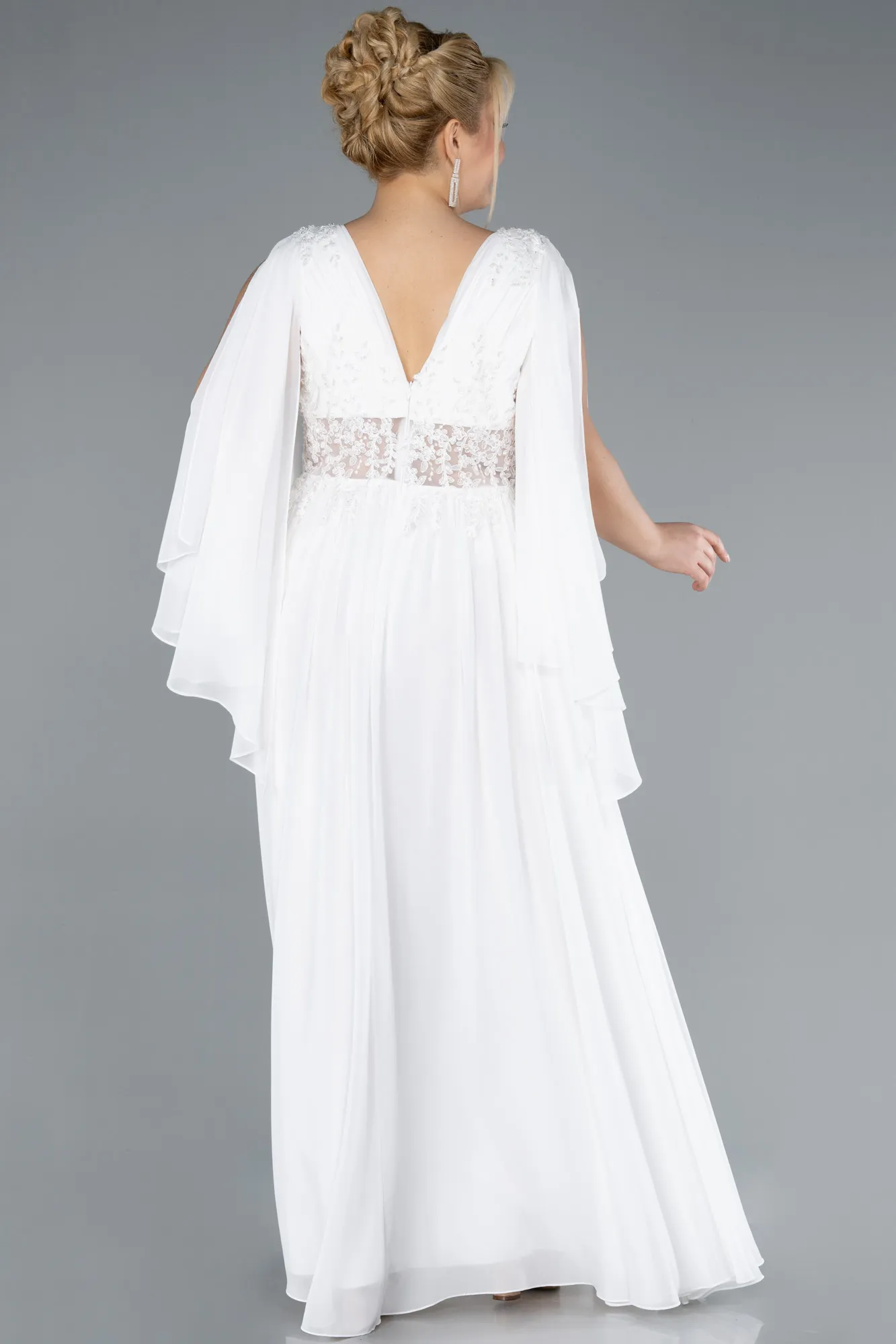 Ecru-Long Chiffon Plus Size Evening Dress ABU4638