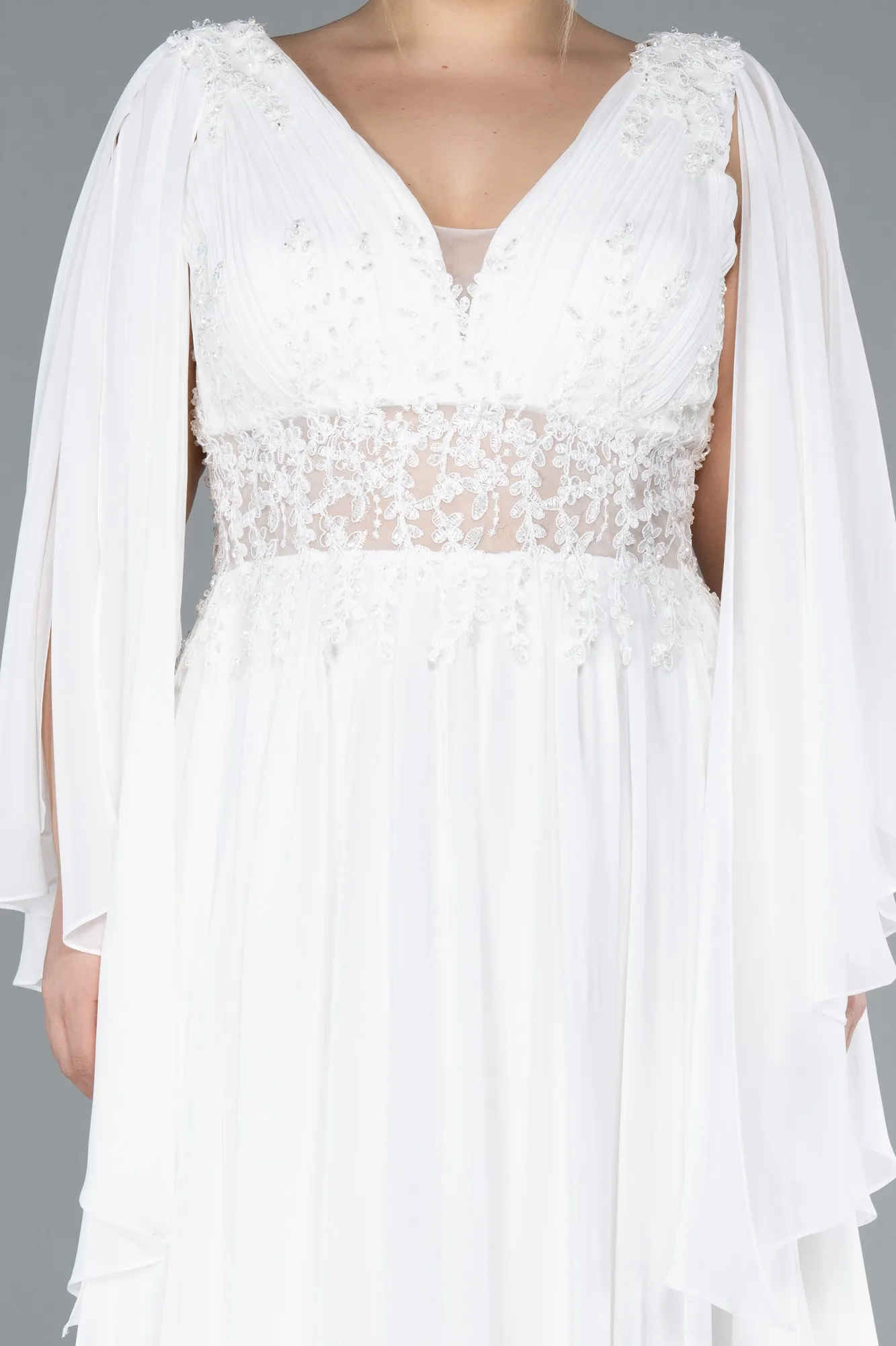 Ecru-Long Chiffon Plus Size Evening Dress ABU4638