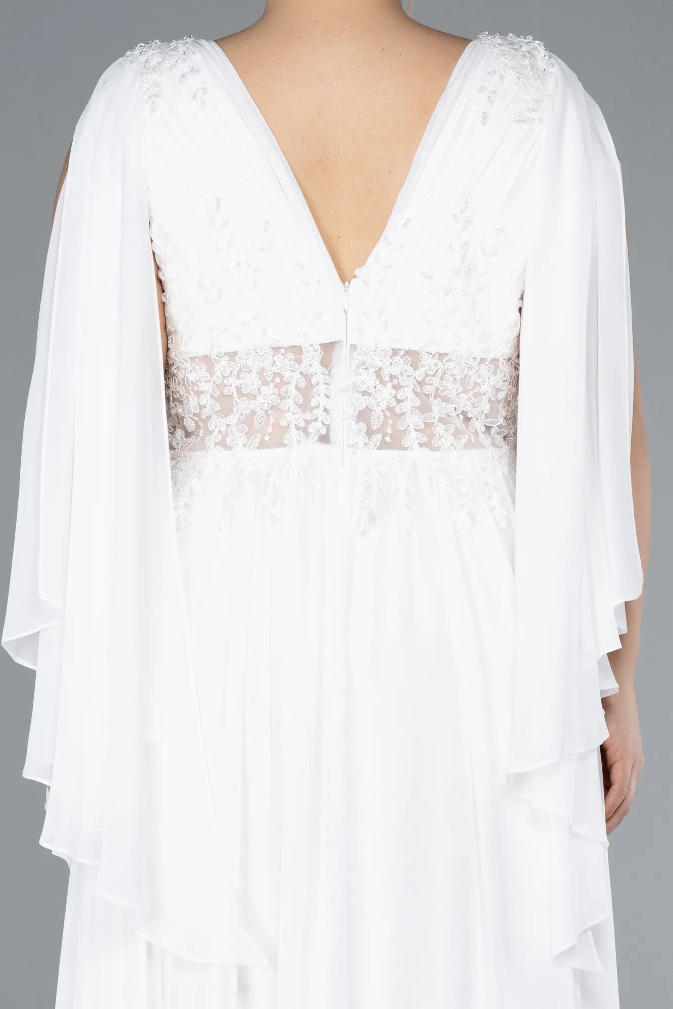 Ecru-Long Chiffon Plus Size Evening Dress ABU4638