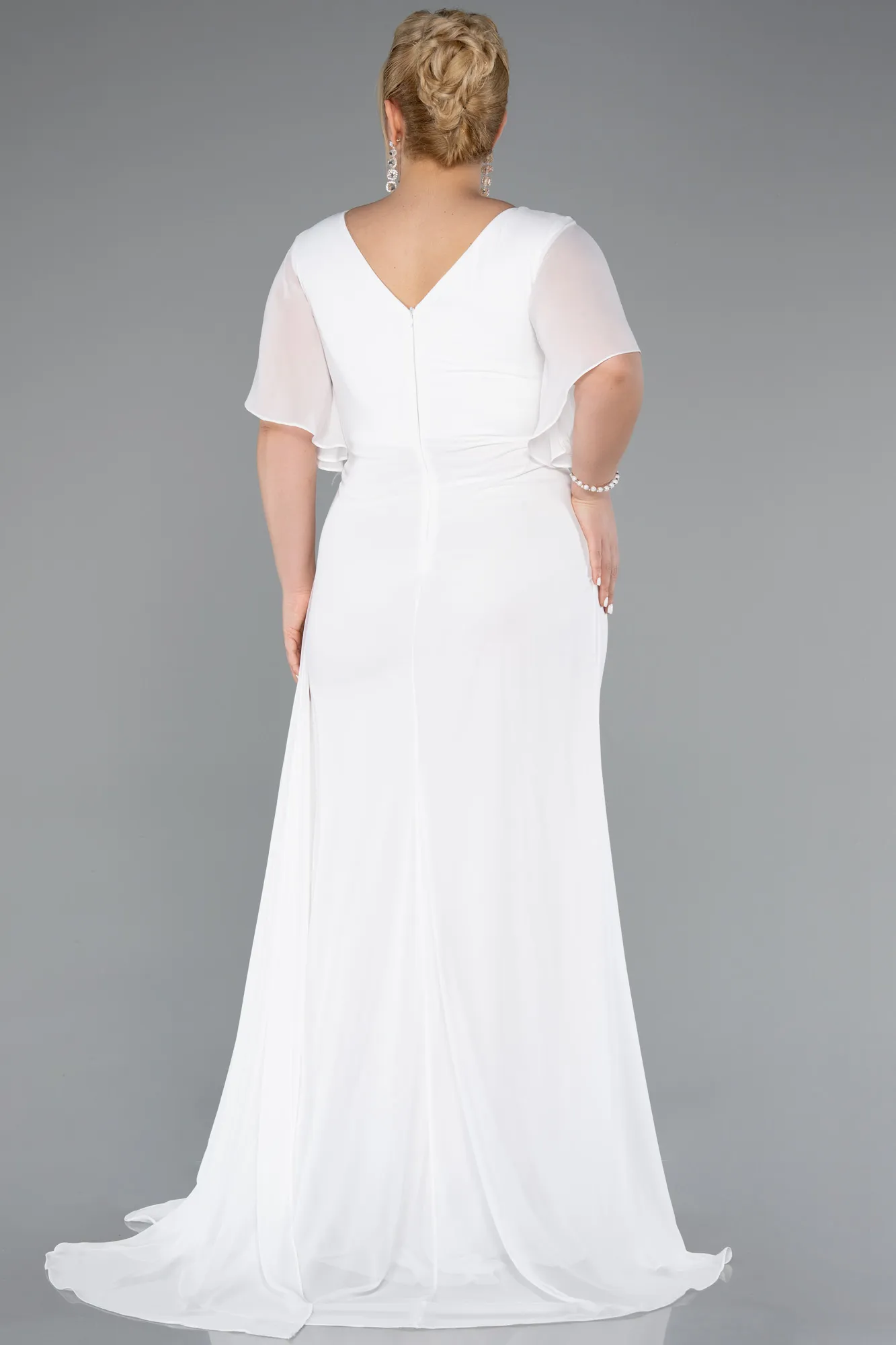 Ecru-Long Chiffon Plus Size Evening Dress ABU4911