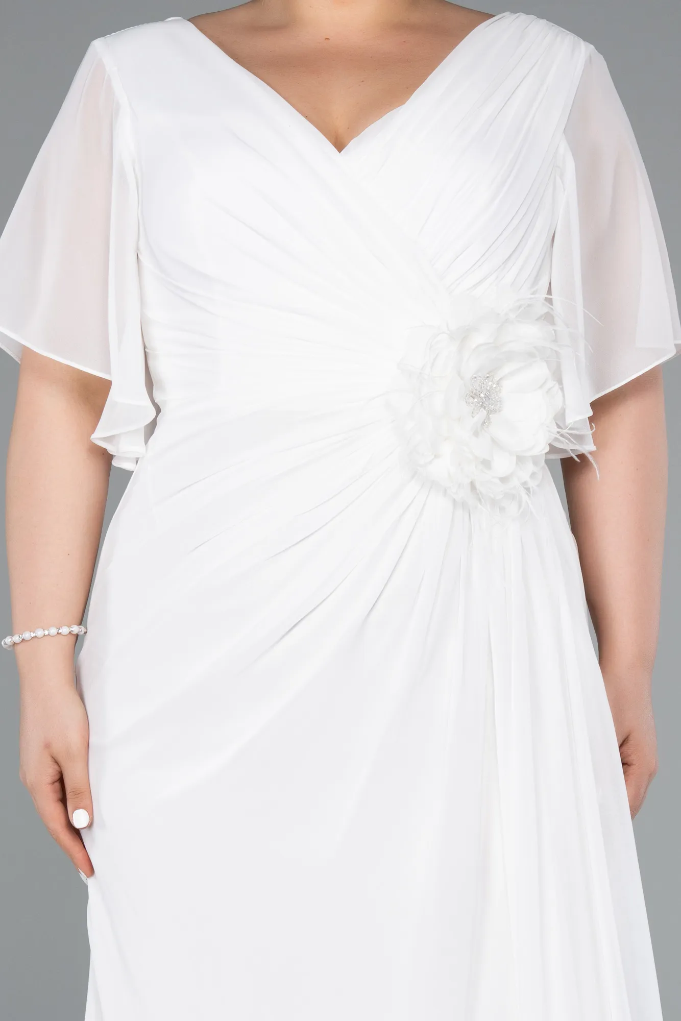 Ecru-Long Chiffon Plus Size Evening Dress ABU4911