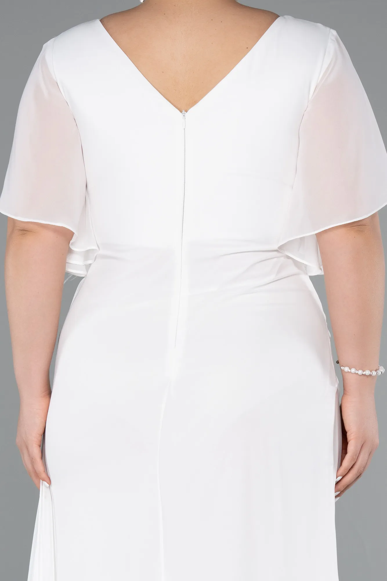 Ecru-Long Chiffon Plus Size Evening Dress ABU4911