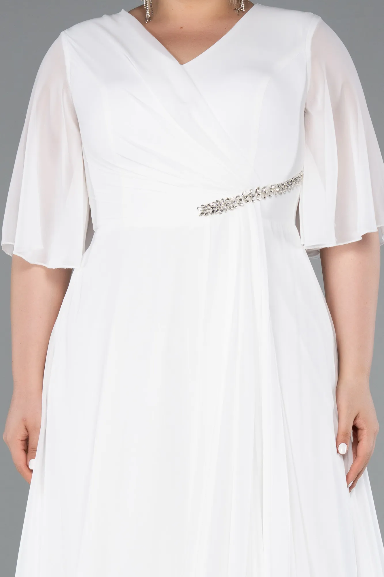 Ecru-Long Chiffon Plus Size Evening Dress ABU5051