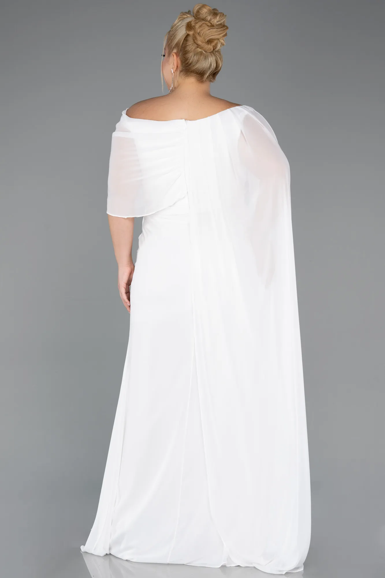 Ecru-Long Chiffon Plus Size Evening Dress ABU5419