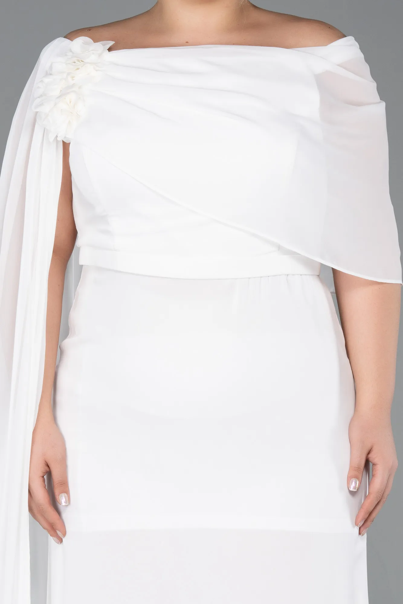 Ecru-Long Chiffon Plus Size Evening Dress ABU5419