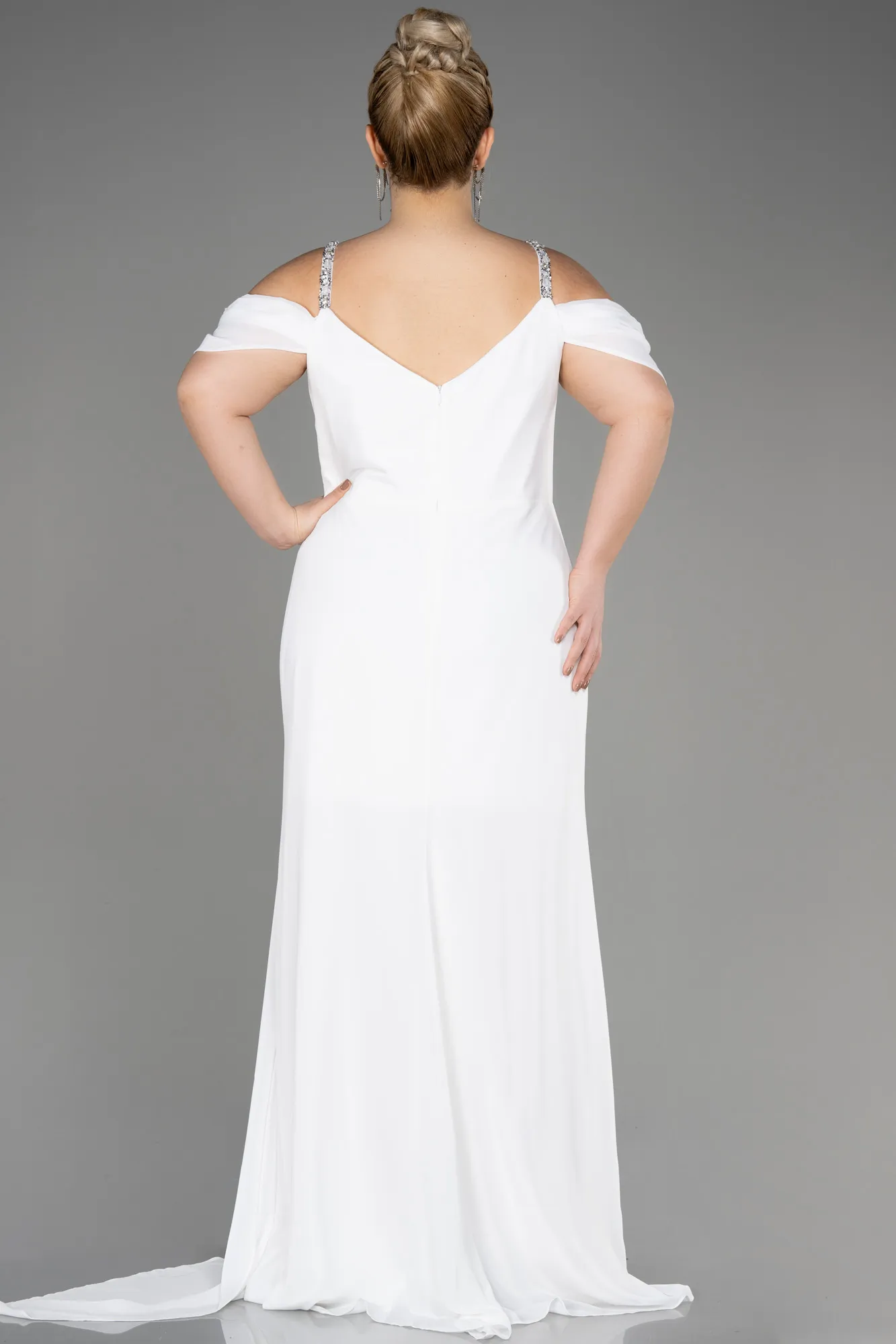 Ecru-Long Chiffon Plus Size Evening Gown ABU3742