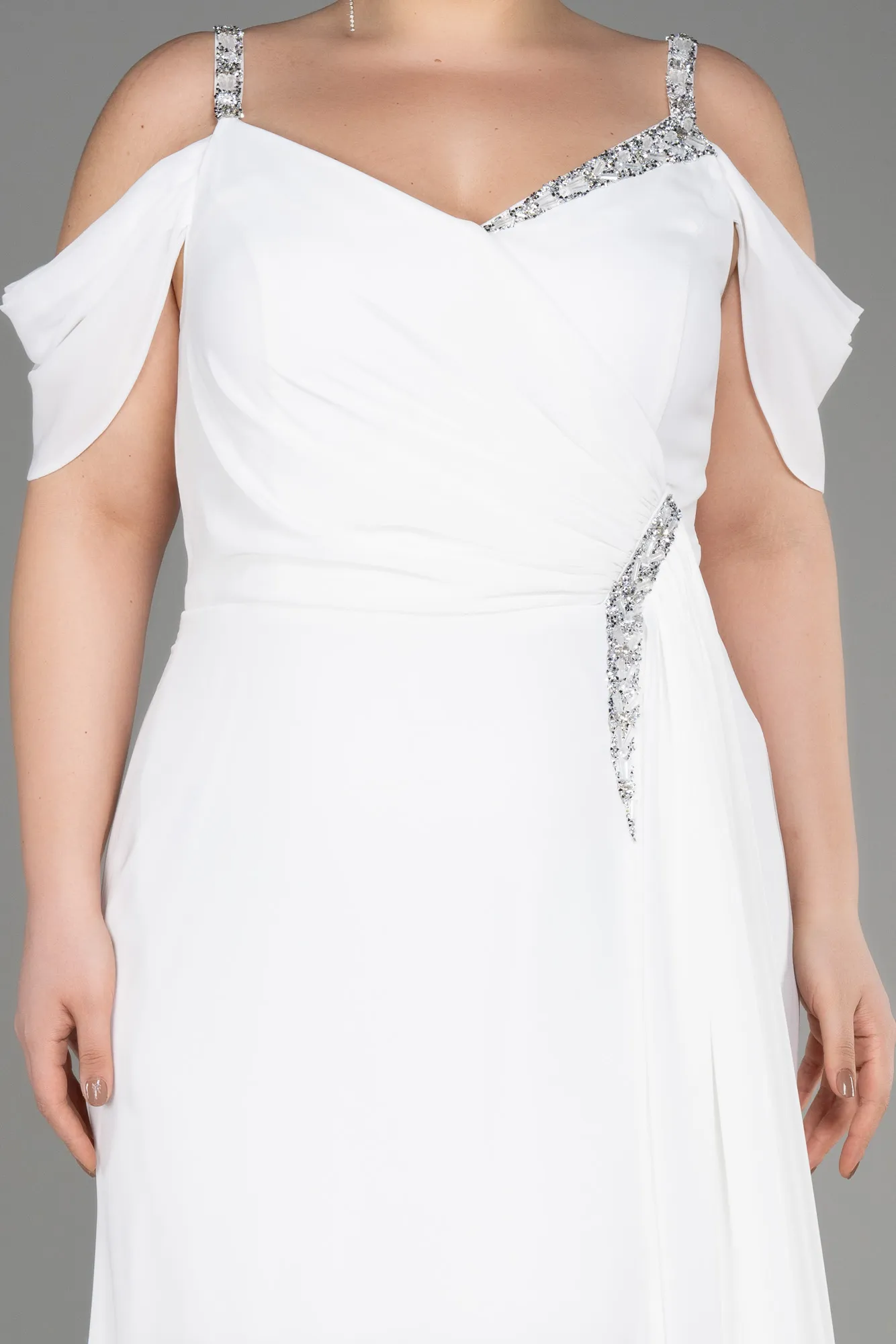 Ecru-Long Chiffon Plus Size Evening Gown ABU3742