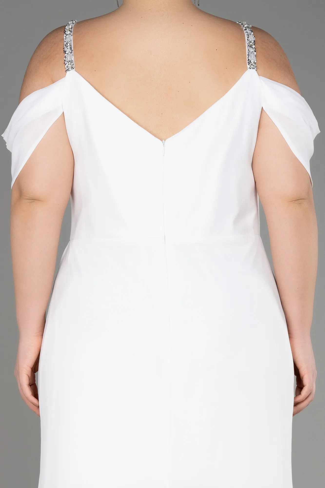 Ecru-Long Chiffon Plus Size Evening Gown ABU3742