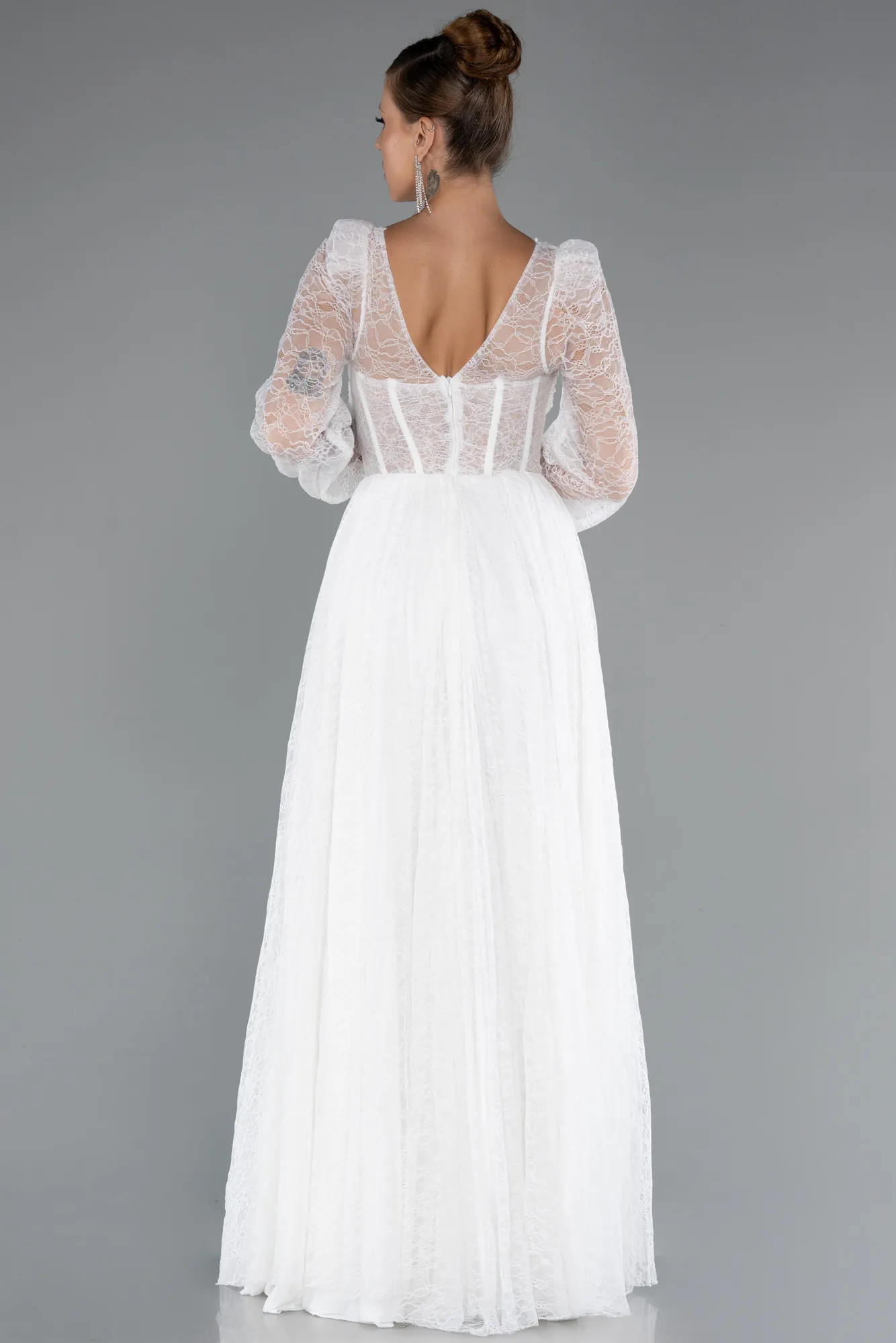 Ecru-Long Dantelle Evening Dress ABU5334