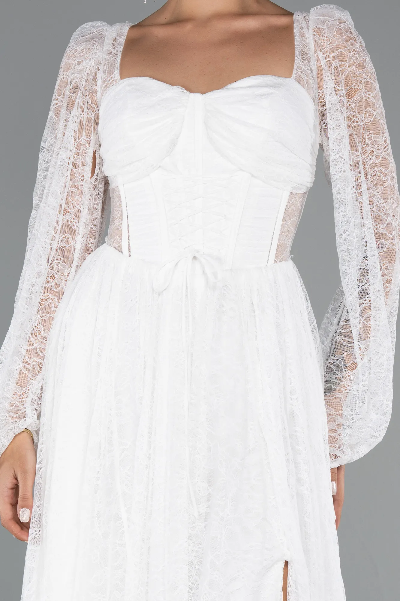 Ecru-Long Dantelle Evening Dress ABU5334