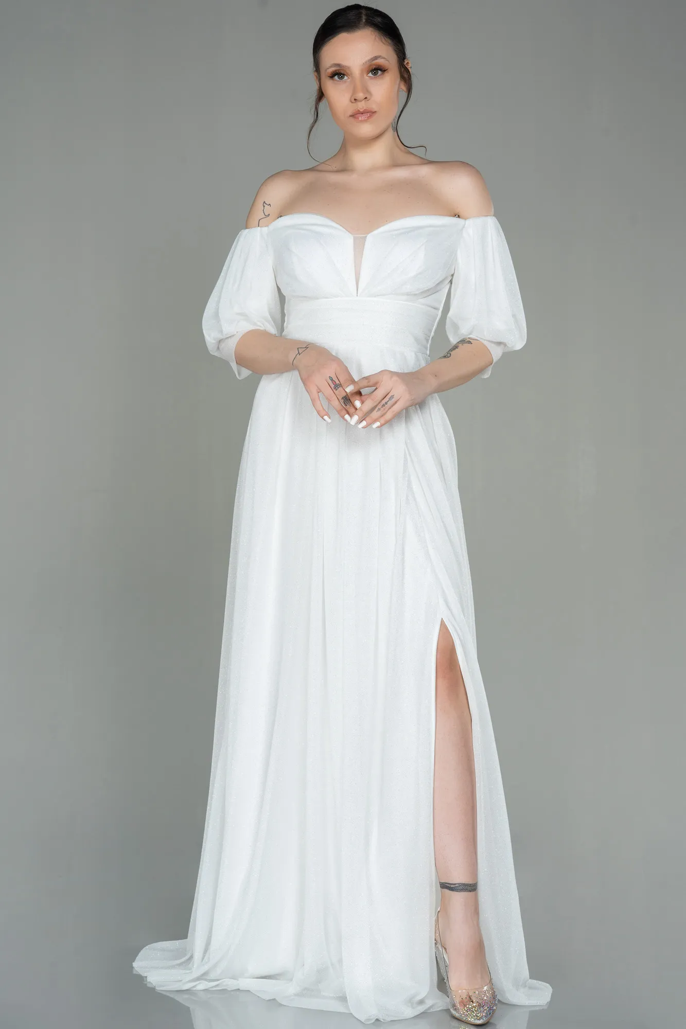 Ecru-Long Evening Dress ABU2983