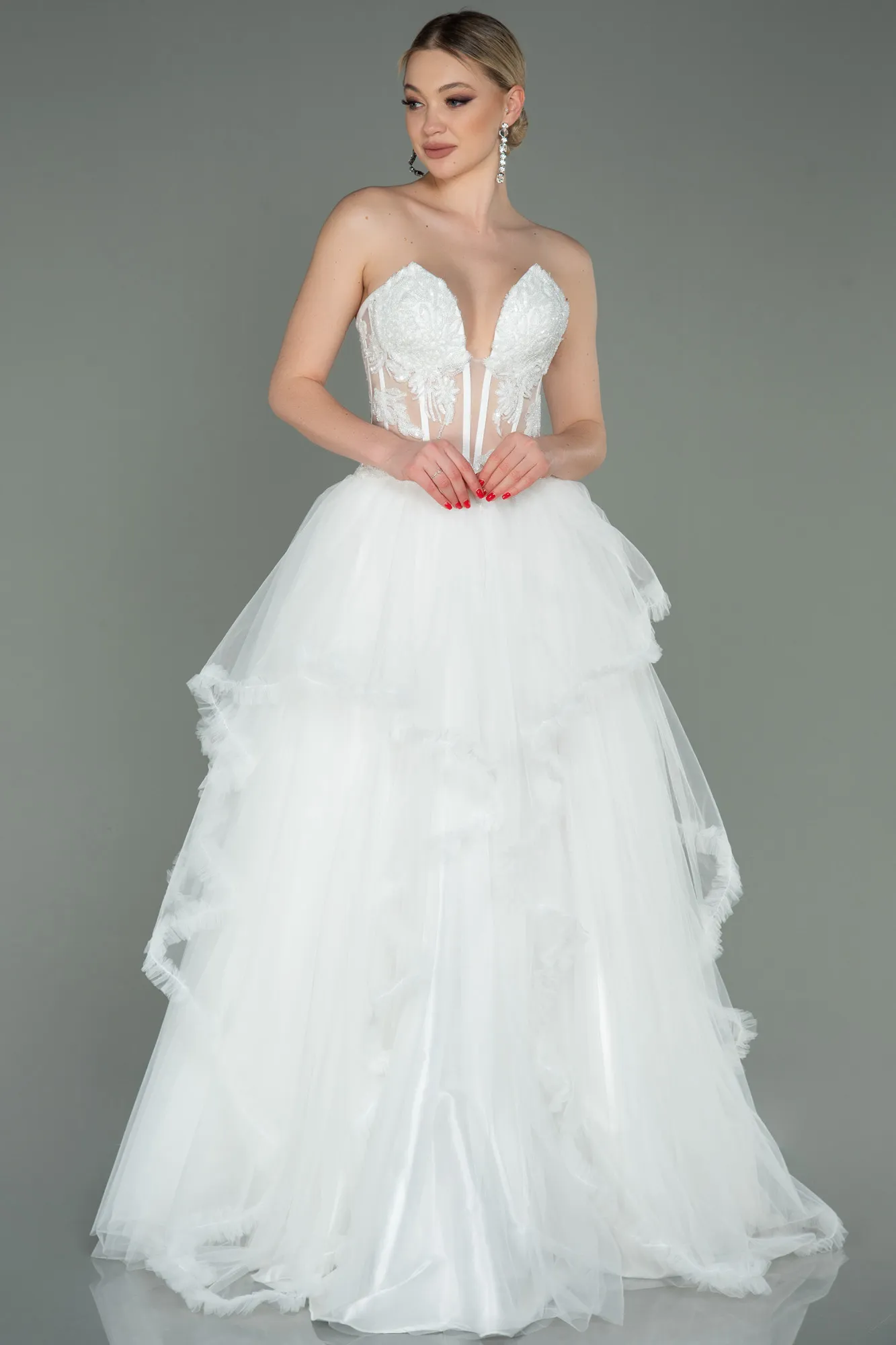 Ecru-Long Evening Dress ABU3082