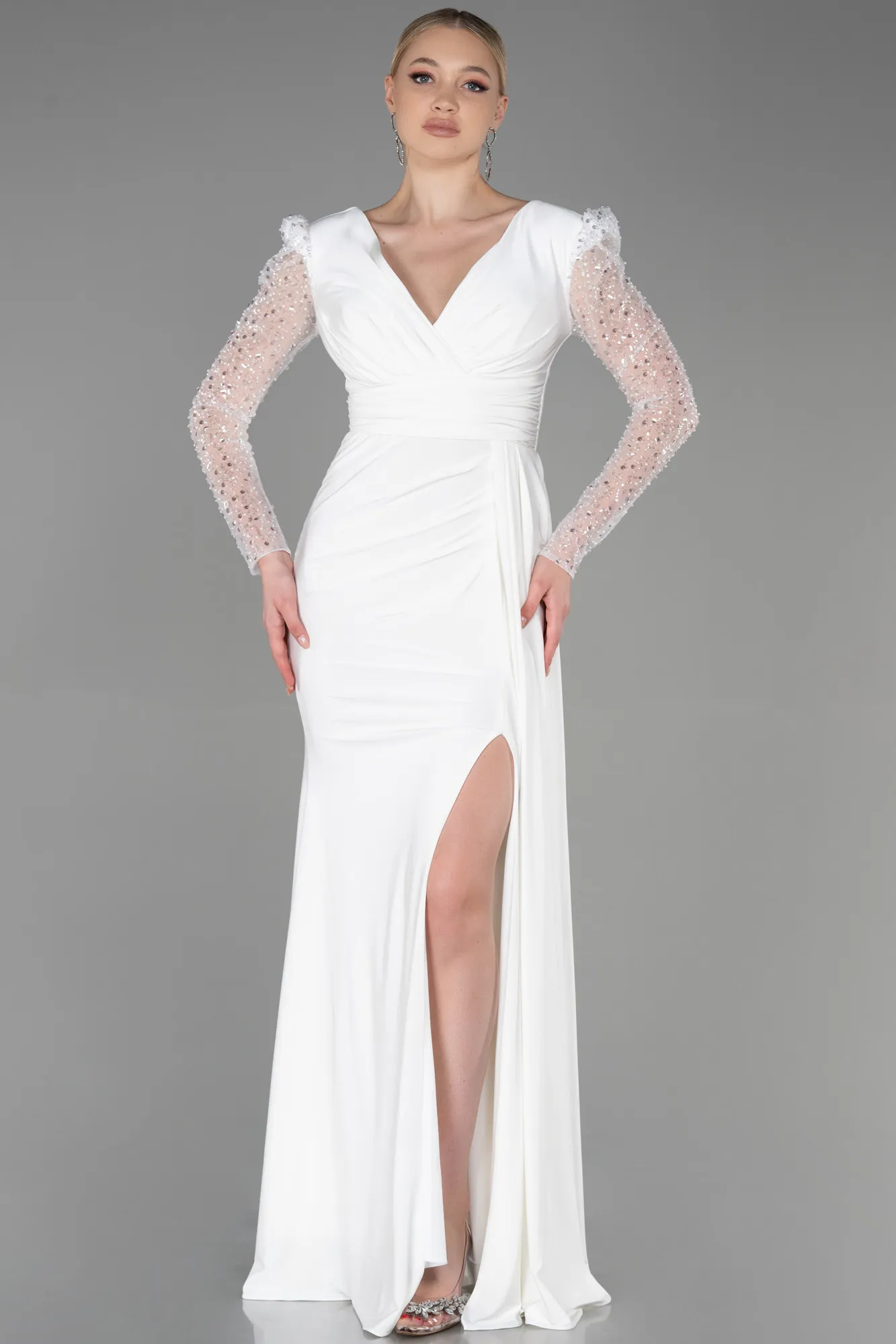Ecru-Long Evening Dress ABU3321
