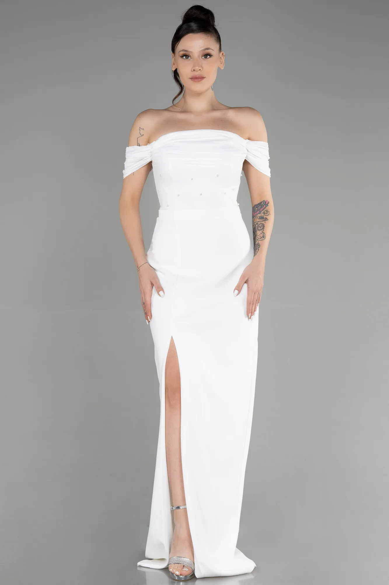 Ecru-Long Evening Dress ABU3471