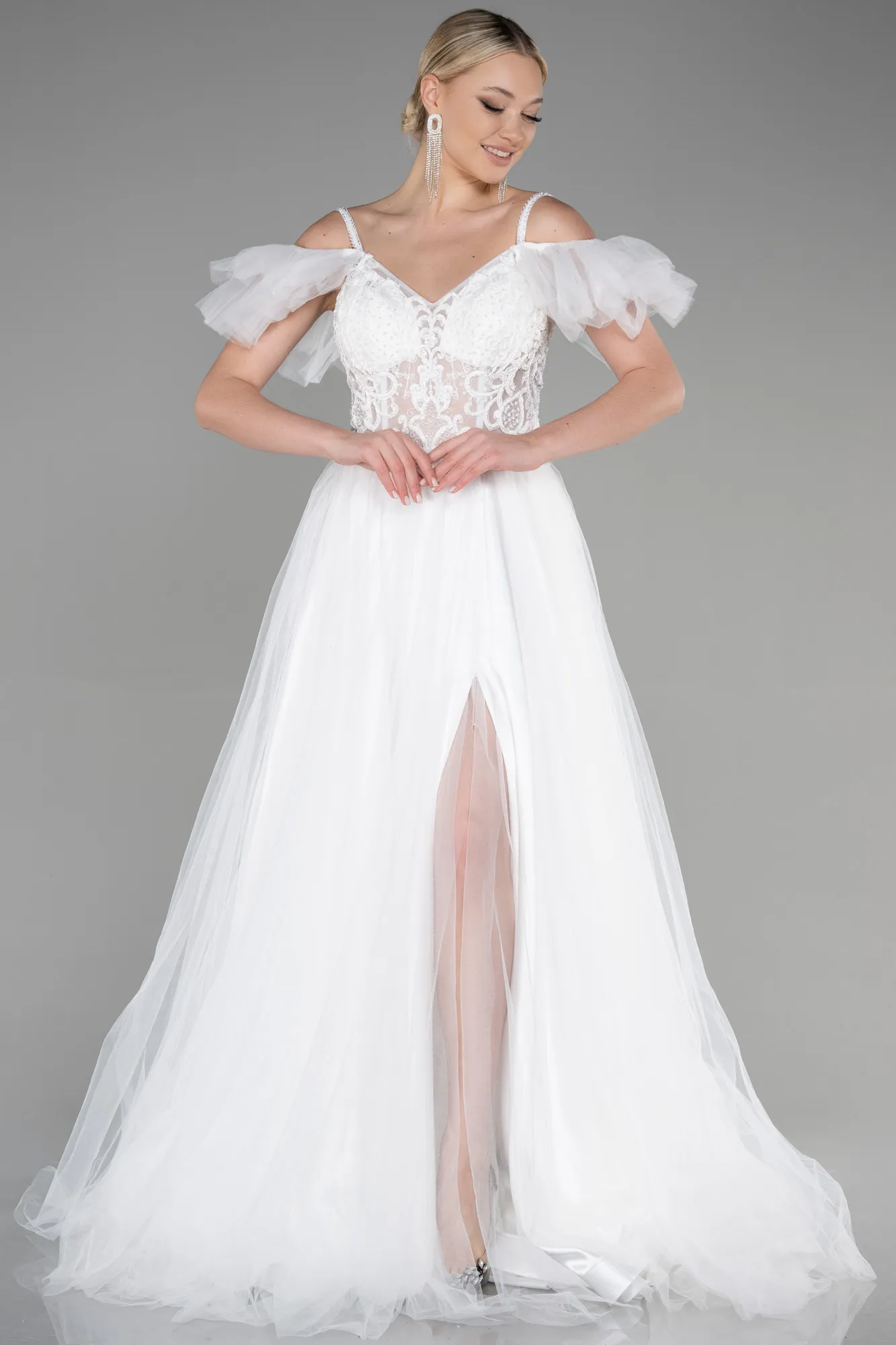 Ecru-Long Evening Dress ABU3500