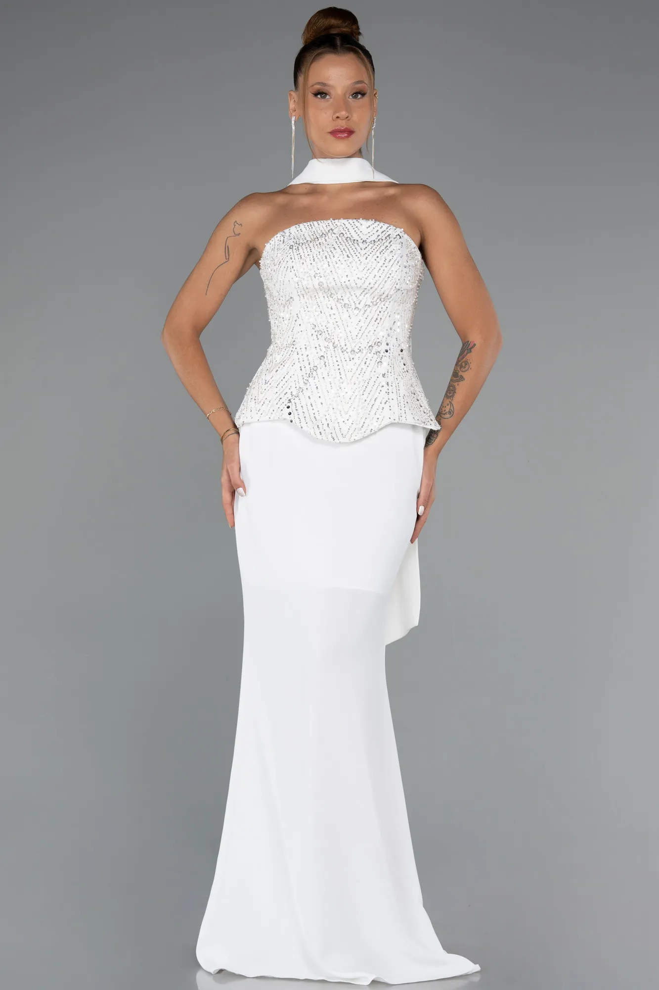 Ecru-Long Evening Dress ABU5320